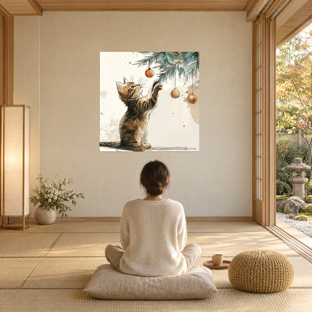 Quadro ritratto di gattino giocoso che alza il musetto verso un abete turchese e palline dorate, donna di spalle seduta su un cuscino a terra