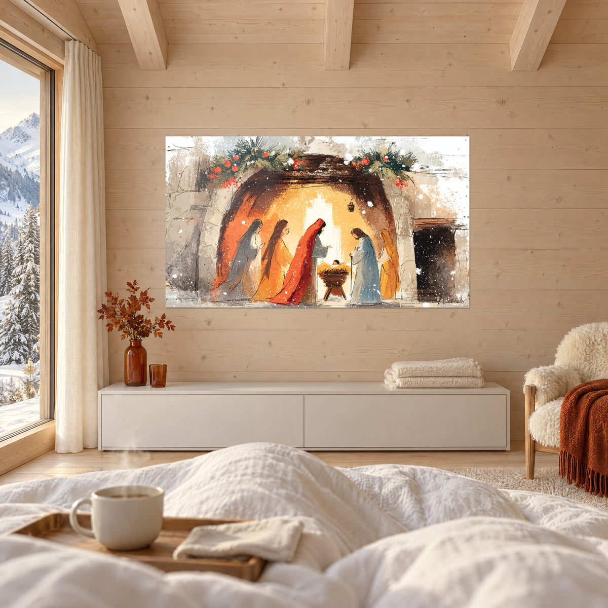 Cuadro Sagrada Familia y Reyes Magos iluminados por un resplandor naranja, ramas de abeto y bayas rojas, encima de una cama en un dormitorio luminoso