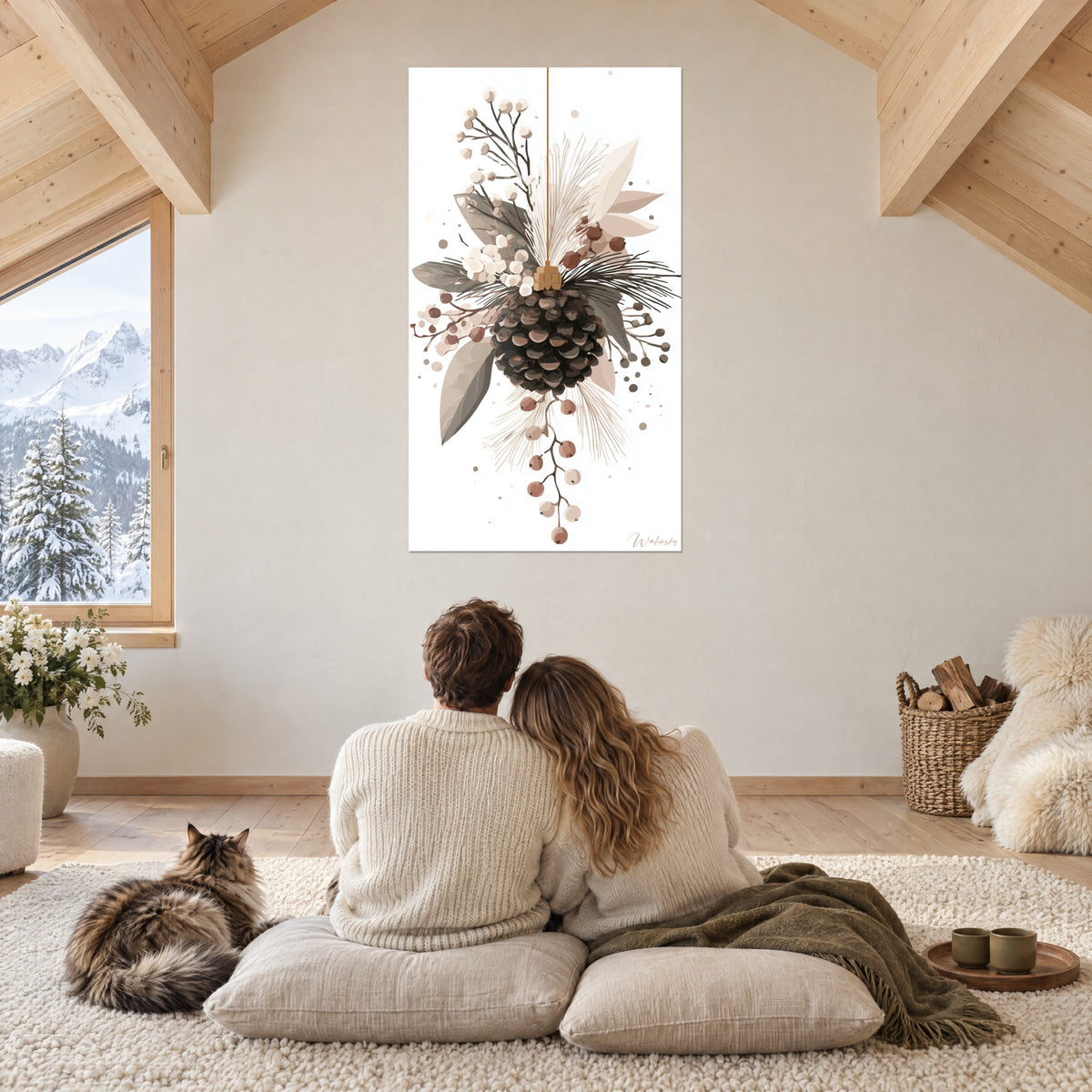 Cuadro adorno navideño de piña marrón, hojas gris verdoso y cuentas marfil, una pareja de espaldas y un gato Maine Coon en un chalet