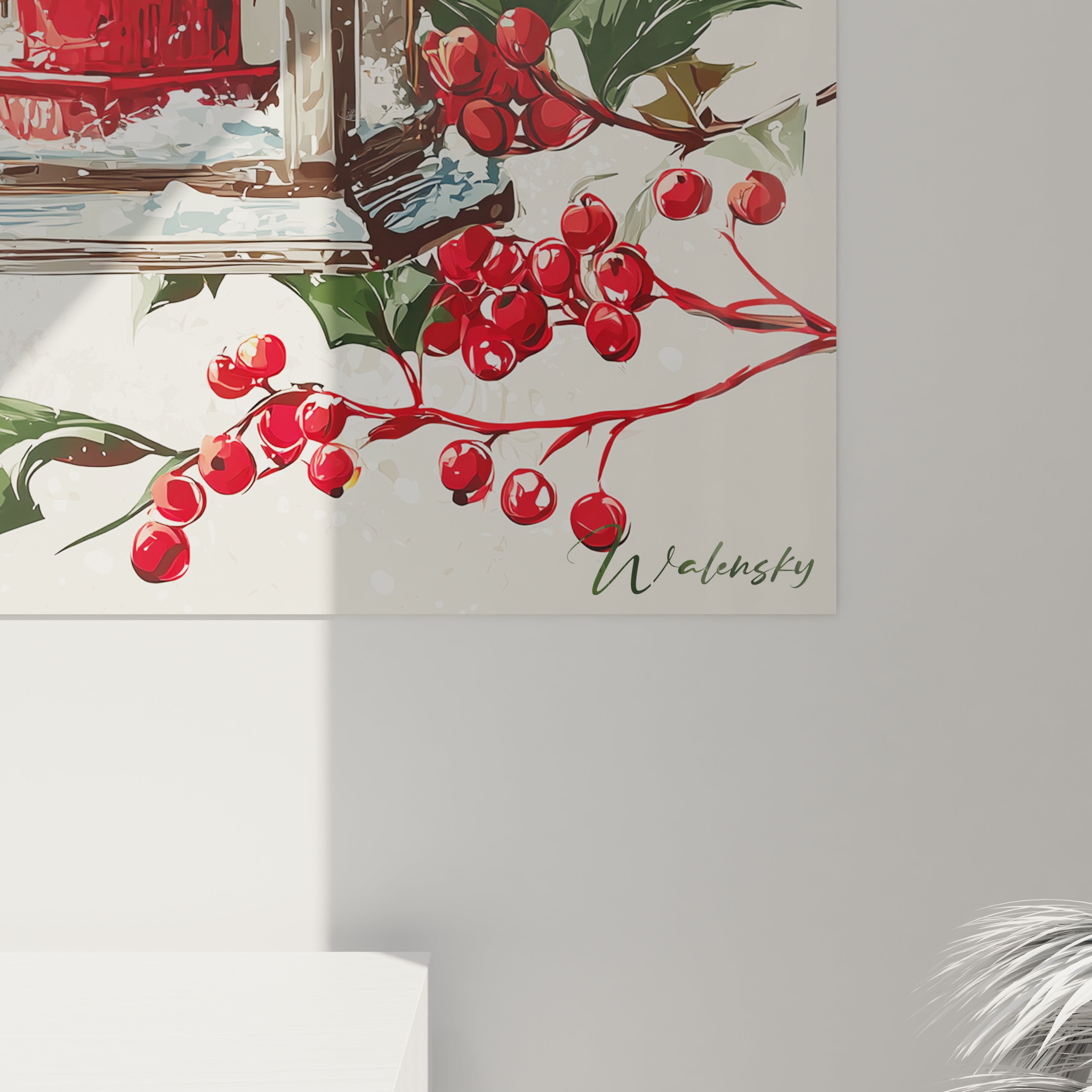 Tableau Noël lanterne de Walensky, avec des baies rouges et une ambiance festive