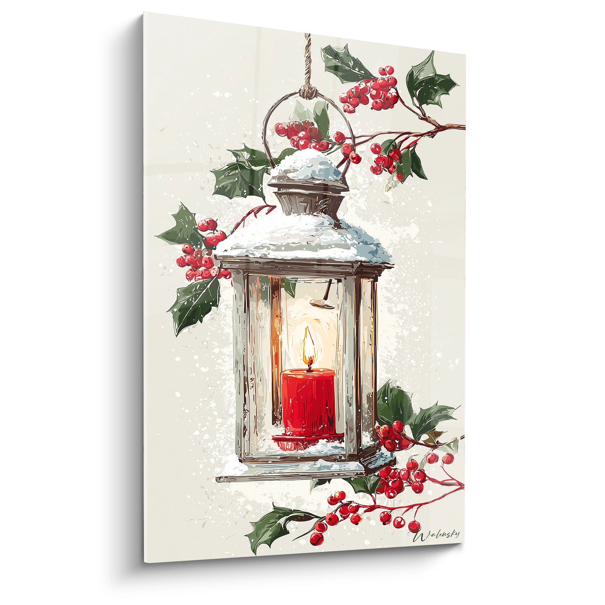 Tableau Noël lanterne avec une bougie rouge et des baies sur fond blanc