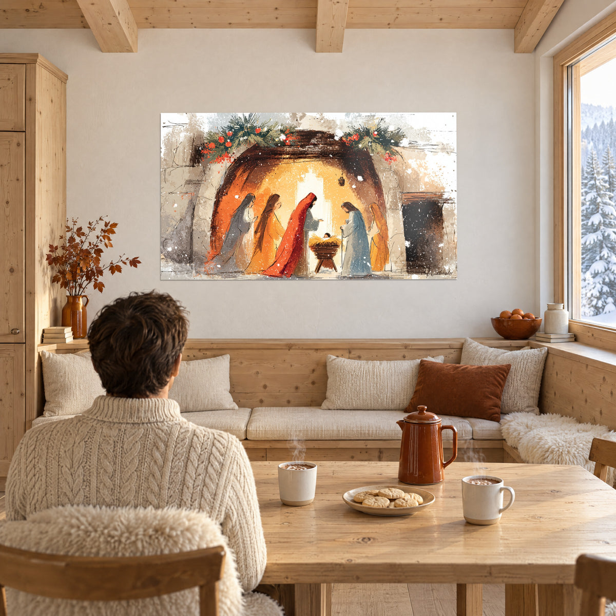 Cuadro pastores y Reyes Magos ante el pesebre, bóveda marrón chocolate y destellos de nieve blanca, frente a una pareja de espaldas junto a una mesa de madera