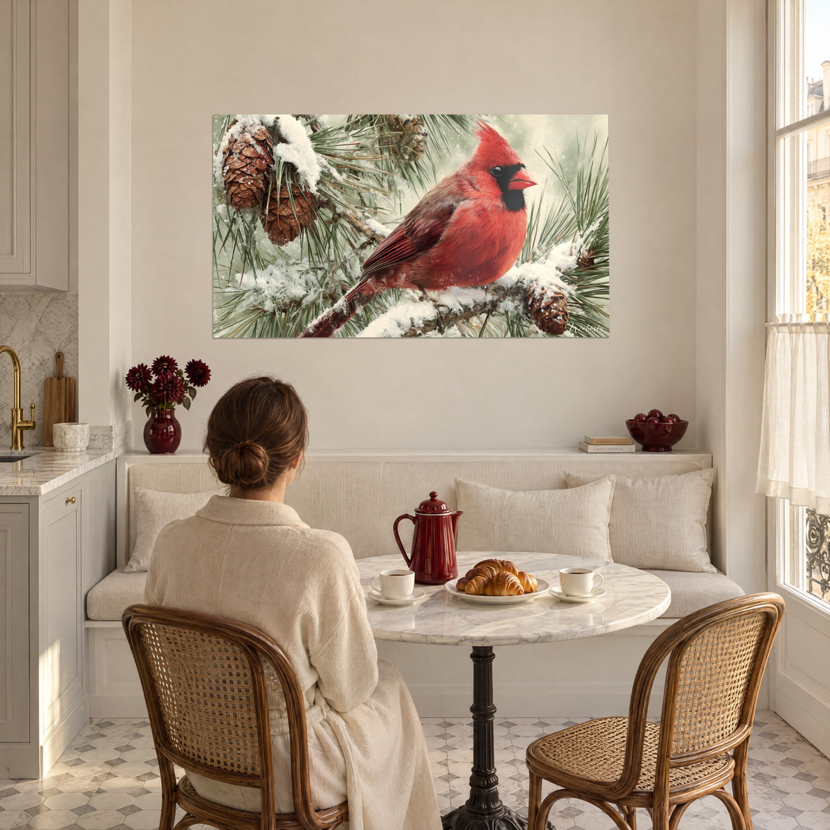 Wall art with carmine plumage on a cream and sage-green background, snow-dusted pine cones, two people seen from behind beside a marble table in the living room