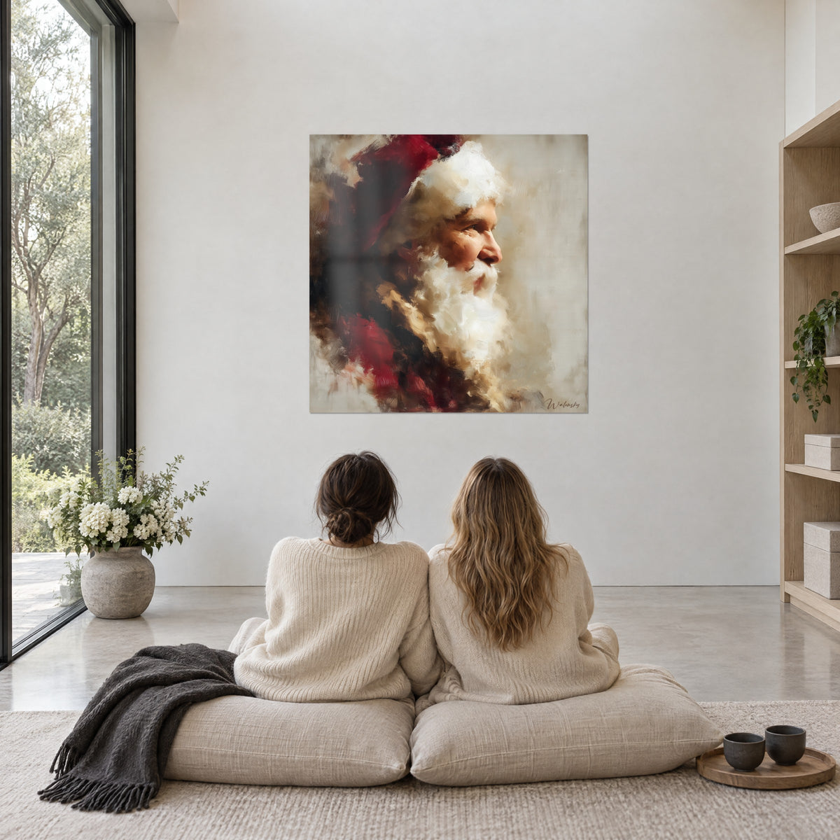 Cuadro Papá Noel soñador en pasta gruesa, rojo burdeos y blanco crema, contemplado por dos mujeres sentadas en cojines, ventanal