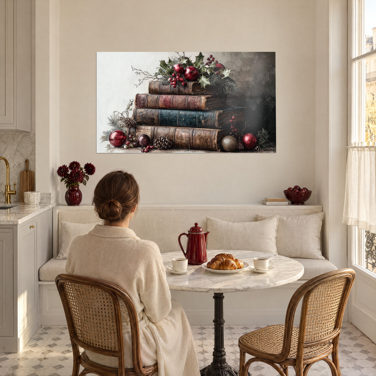 Gemälde alte Bände, Stechpalme, roter Apfel und Tannenzapfen, Aquarell in Creme und Braun, gegenüber einer sitzenden Frau im Esszimmer