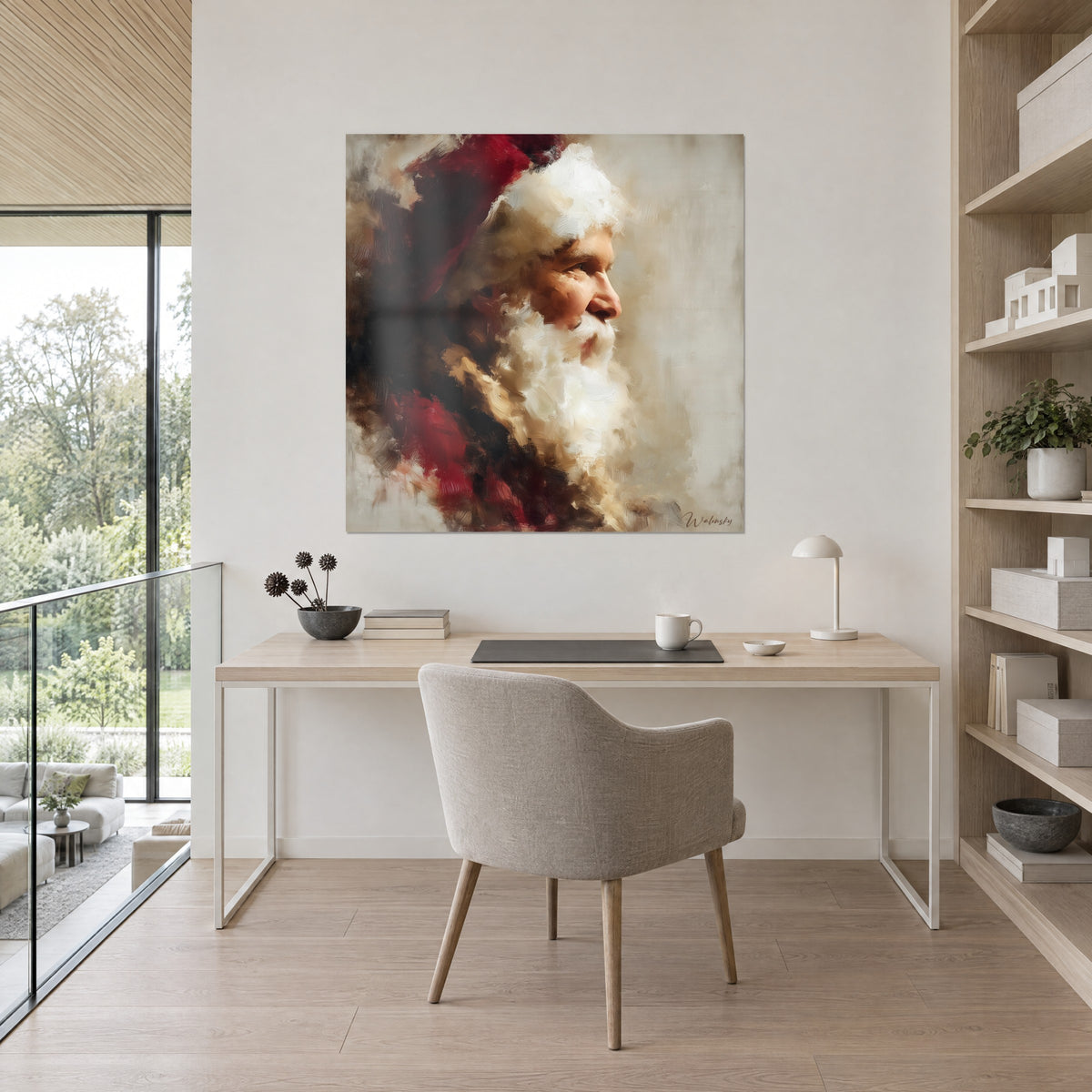 Cuadro san Nicolás pintado al óleo, mejilla sonrosada, bigote blanco y abrigo rojo sobre fondo arena, colgado sobre un escritorio de madera clara