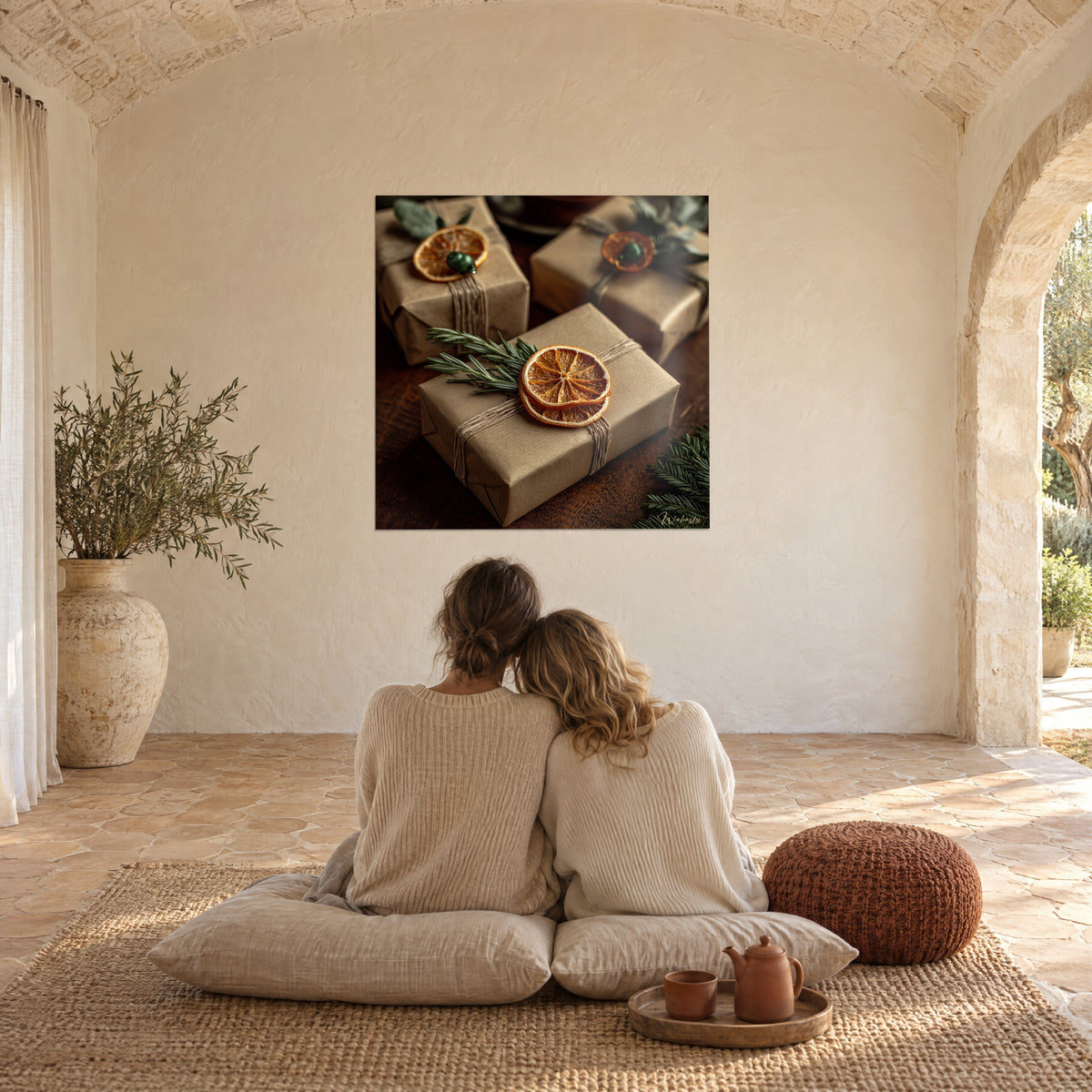 Cuadro con paquetes rústicos, rodajas de naranja translúcidas y ramas de abeto verde, pared de piedra clara de la masía, pareja de espaldas sobre cojines