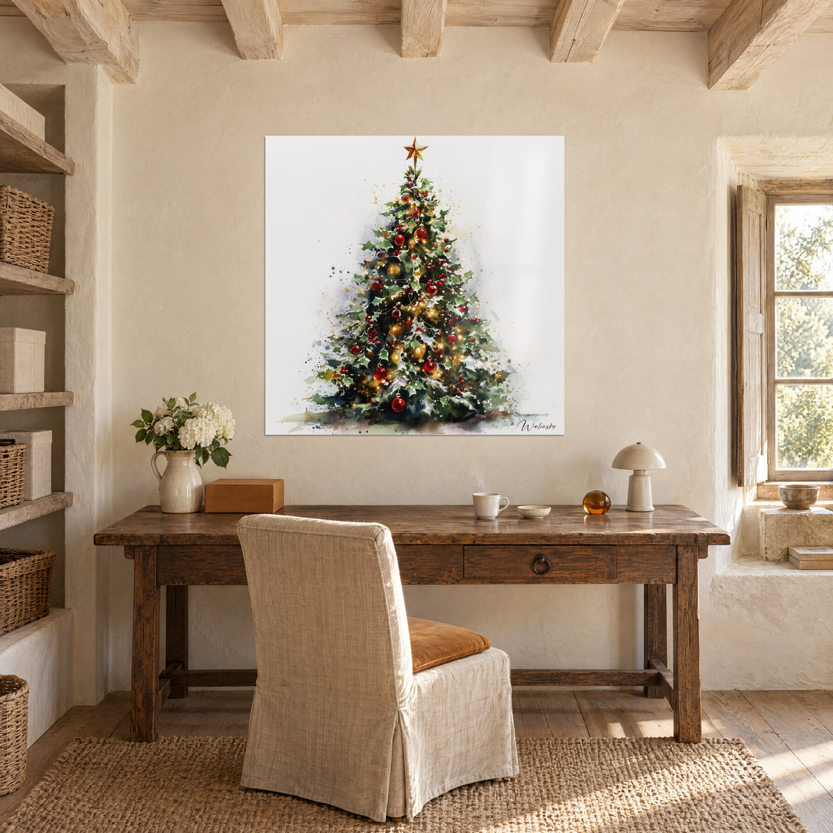 Schilderij feestelijke boom met scharlakenrode ballen en gouden glans op een witte achtergrond, boven een bureau van licht hout in een zonnige kamer