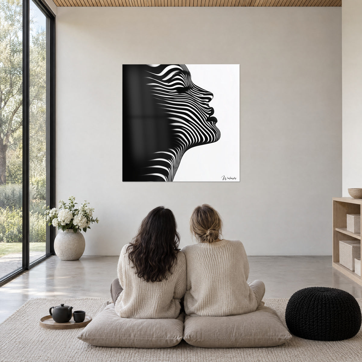 Quadro profilo stilizzato con righe zebrate, ombra d'inchiostro a sinistra e fondo bianco, ammirato da due donne sedute su cuscini