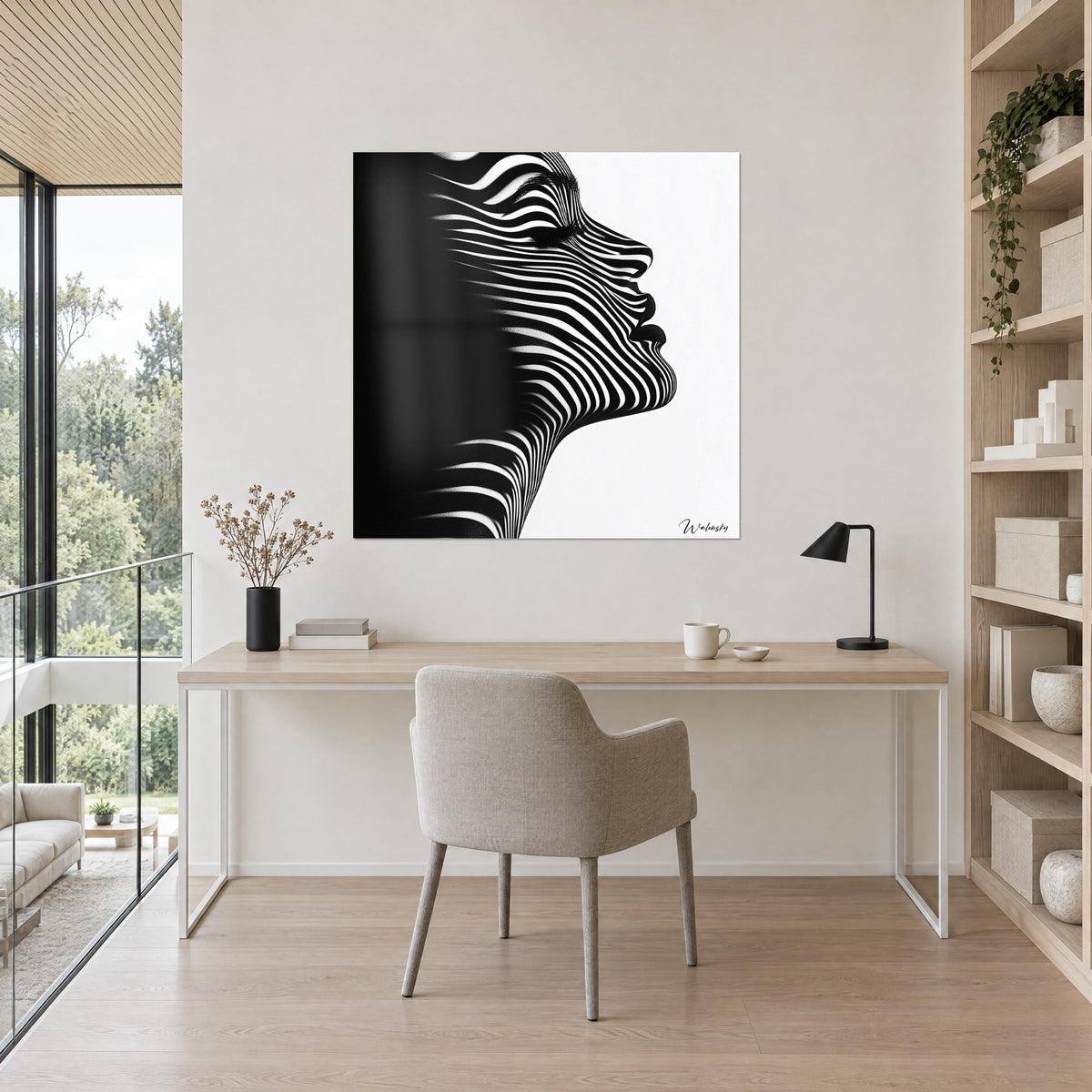 Quadro effigie con fasce sinuose nere e bianche, ciglia disegnate su fondo bianco, sopra una scrivania in legno chiaro accanto a una libreria