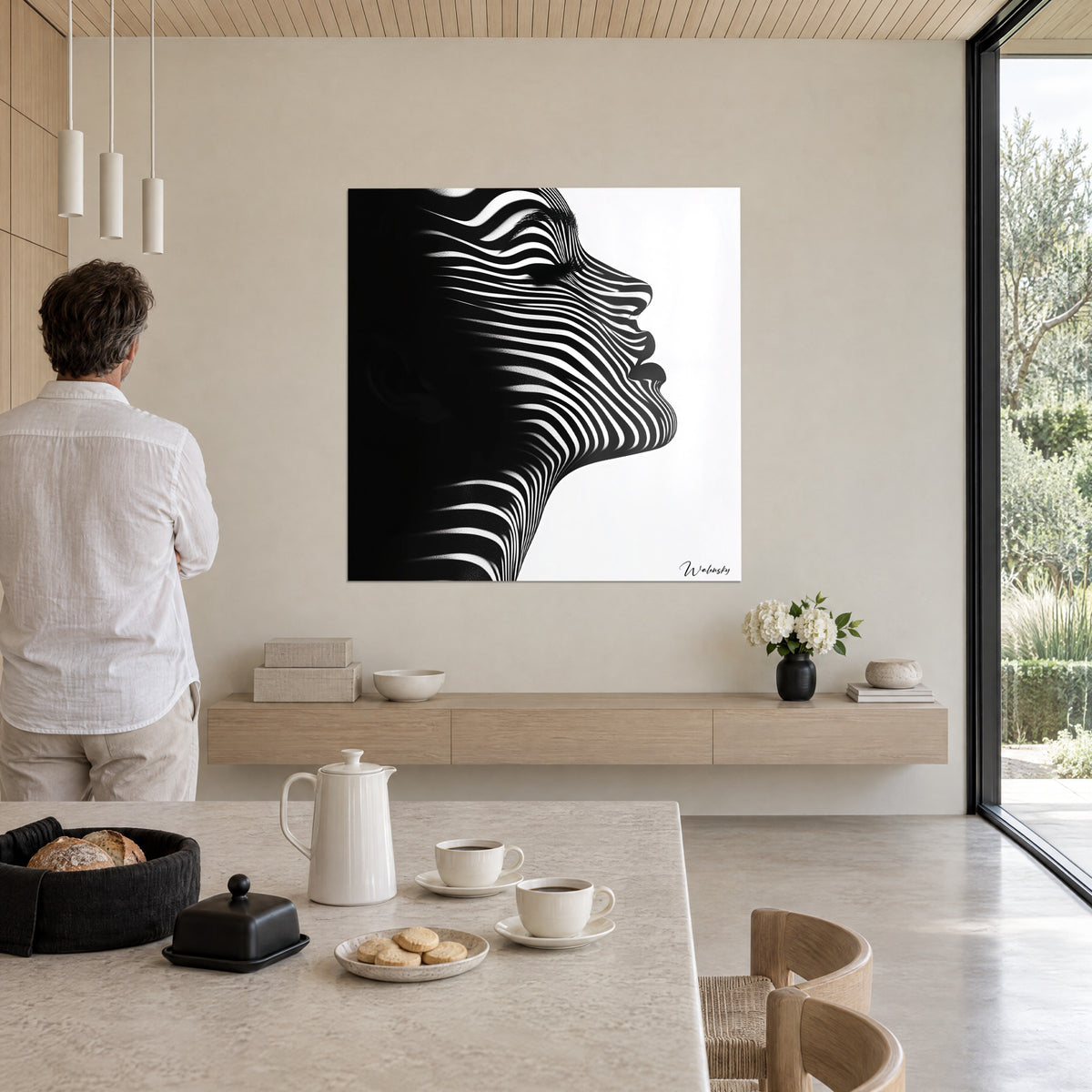 Quadro figura femminile in striature grafiche, guancia in ombra e mento sollevato, bianco e nero contrastati, ammirato in una stanza che si apre sul giardino