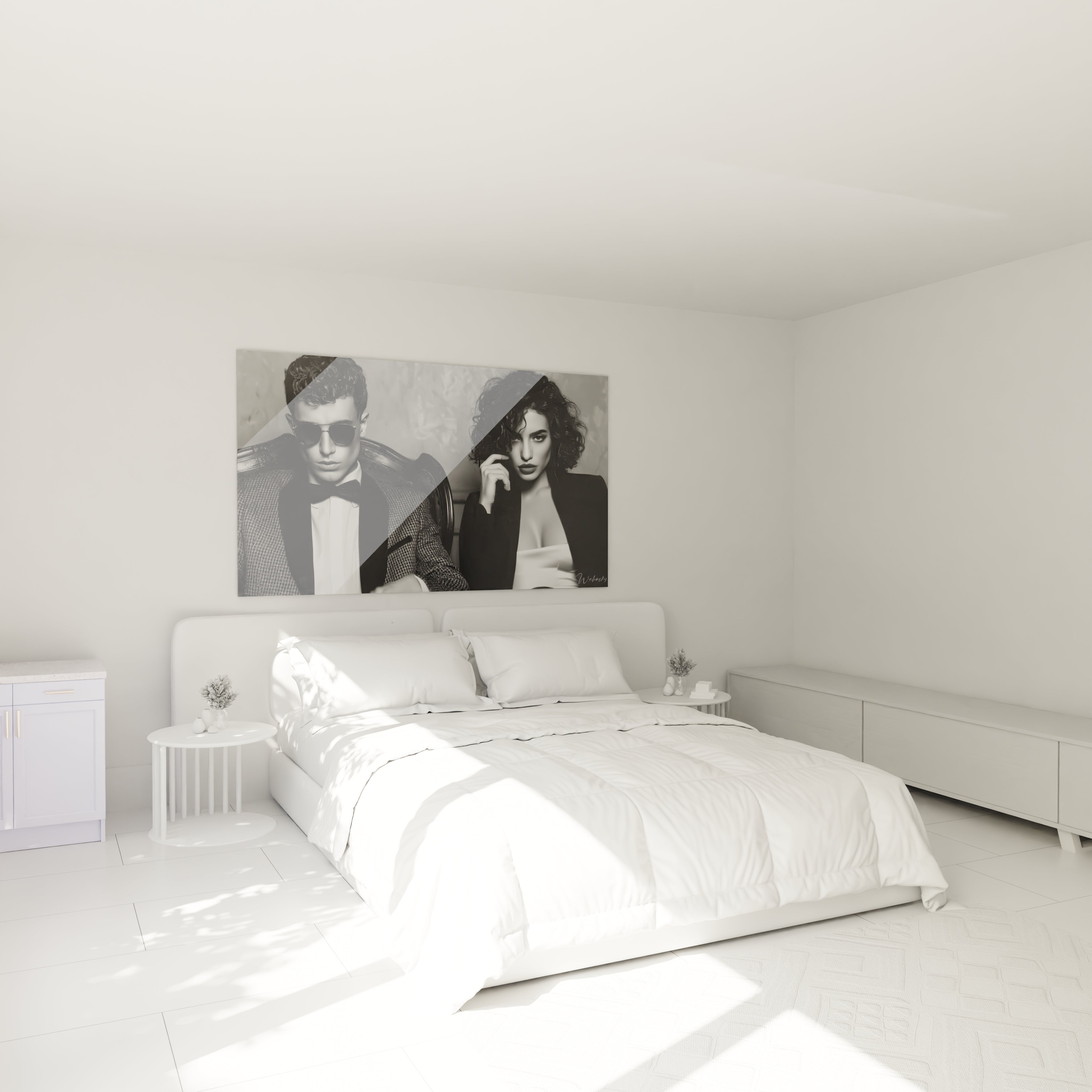 Tableau mural noir et blanc glamour avec un homme et une femme dans un décor moderne et minimaliste