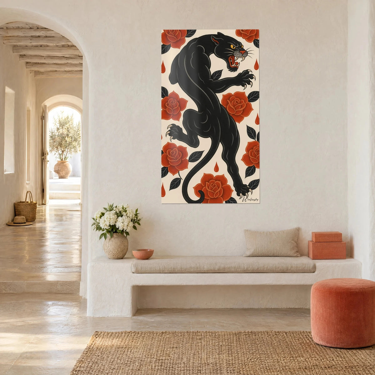 Wall art of an ink-style feline with yellow eyes and ivory claws, vermilion roses and black leaves, white banquette, Mediterranean house