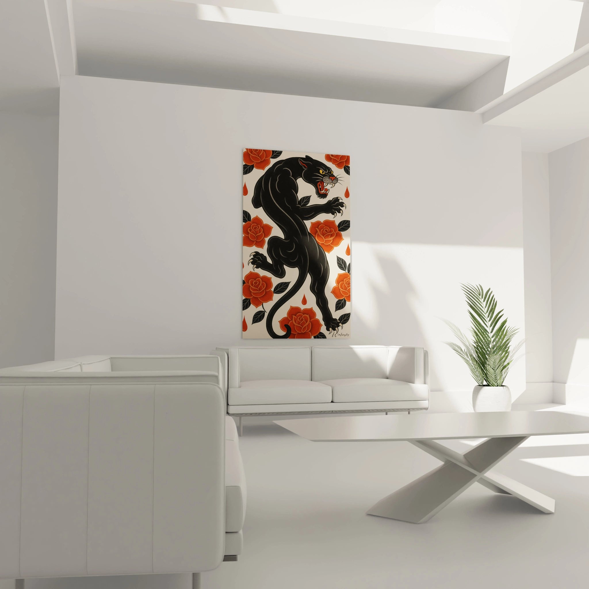 Un tableau panthère rugissante en noir intense, campée sur un fond beige doux, entourée de roses écarlates stylisées et de gouttes rouges. L'œuvre présente une esthétique inspirée du tatouage traditionnel avec des lignes épurées et des aplats de couleur.
