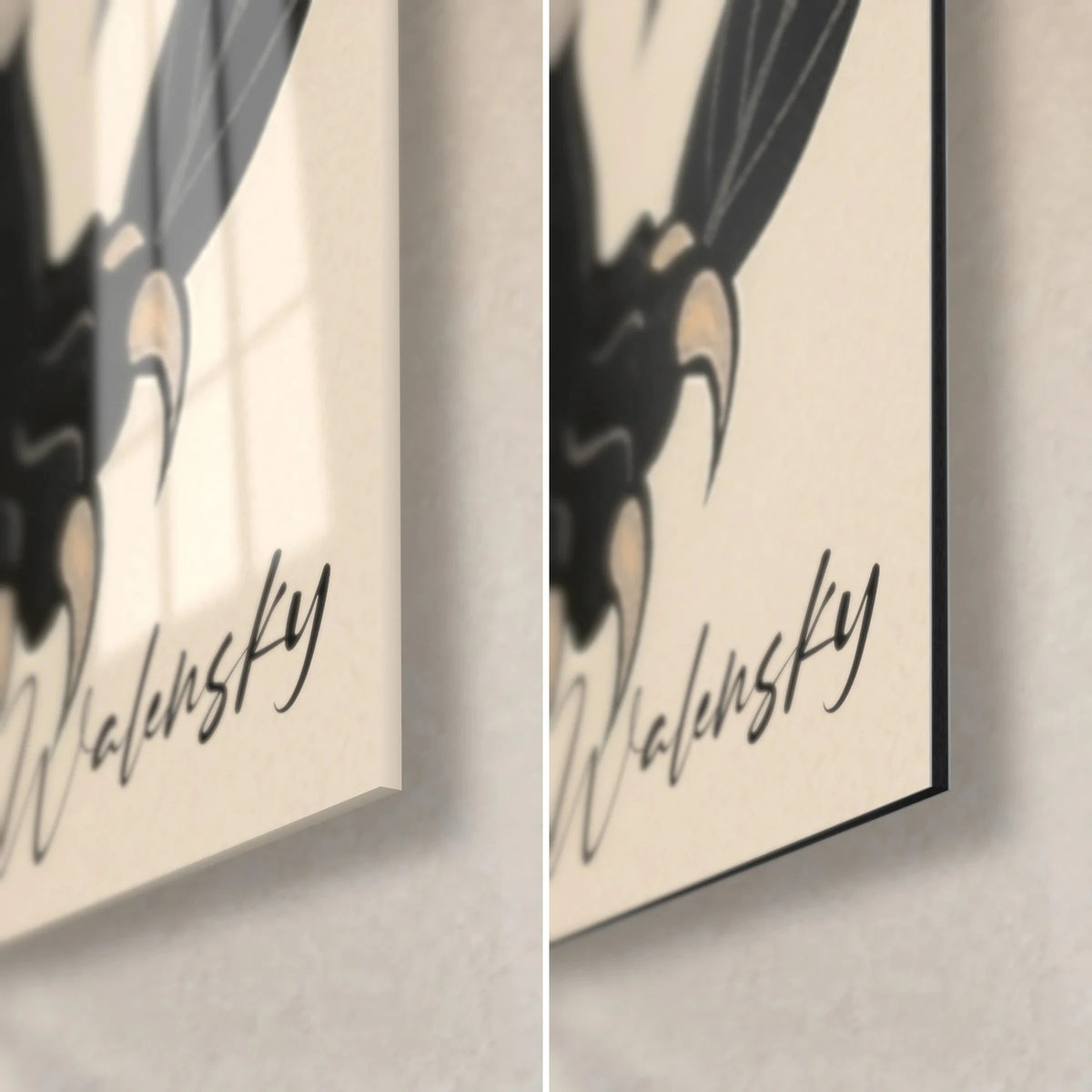 Wall art of a black panther with ivory claws, Walensky signature, glossy glass in the bottom right corner on the left and matte black Dibond on the right