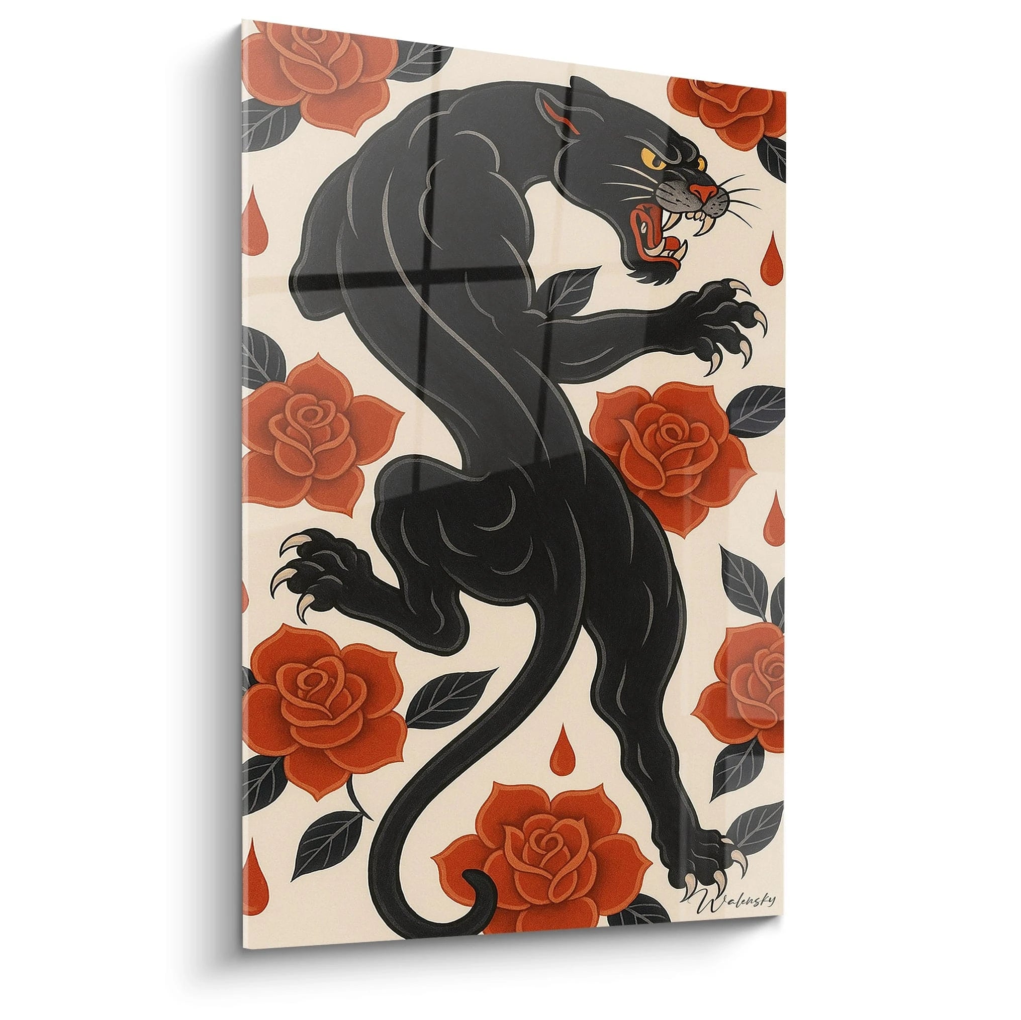 Un tableau panthère noire représentant un félin rugissant en position d'attaque, entouré de roses rouges éclatantes et de gouttes écarlates sur fond beige. Le style graphique évoque l'art du tatouage avec des lignes nettes et des contrastes marqués.
