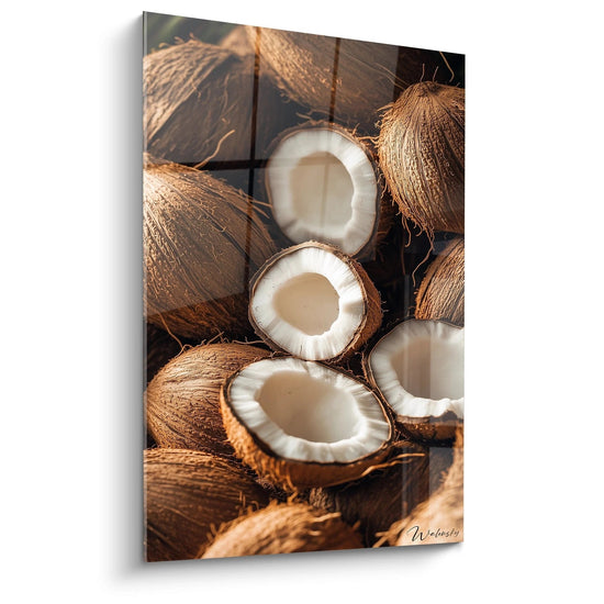 Un quadro di noci di cocco che rappresenta noci intere e aperte, con tonalità marrone, bianco e beige, mettendo in evidenza la texture fibrosa del guscio e la superficie liscia della polpa.

