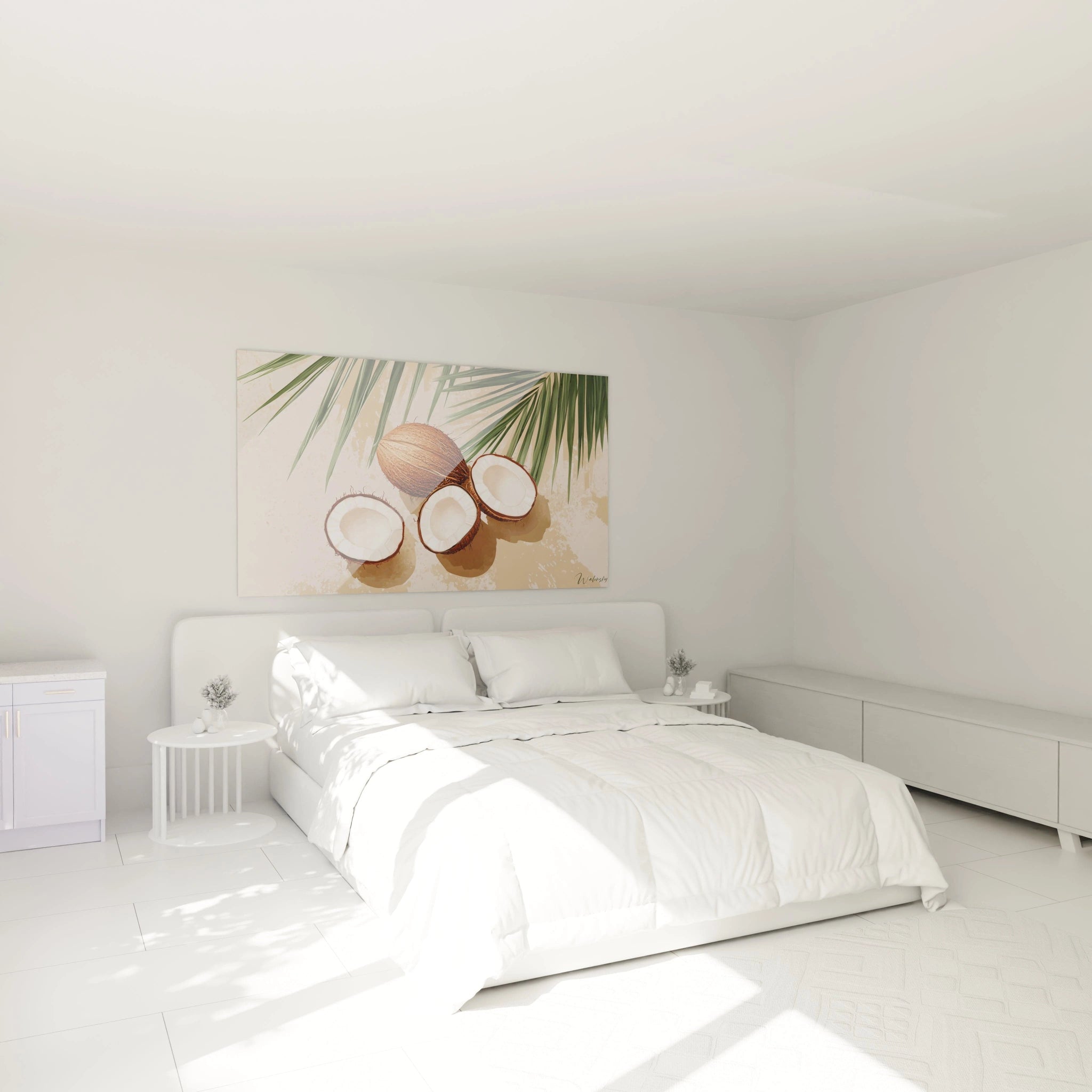 Un tableau noix de coco illustrant une composition de noix de coco brunes, avec une texture fibreuse visible, des intérieurs blancs lisses et des feuilles de palmier vertes projetant des ombres sur un fond beige.

