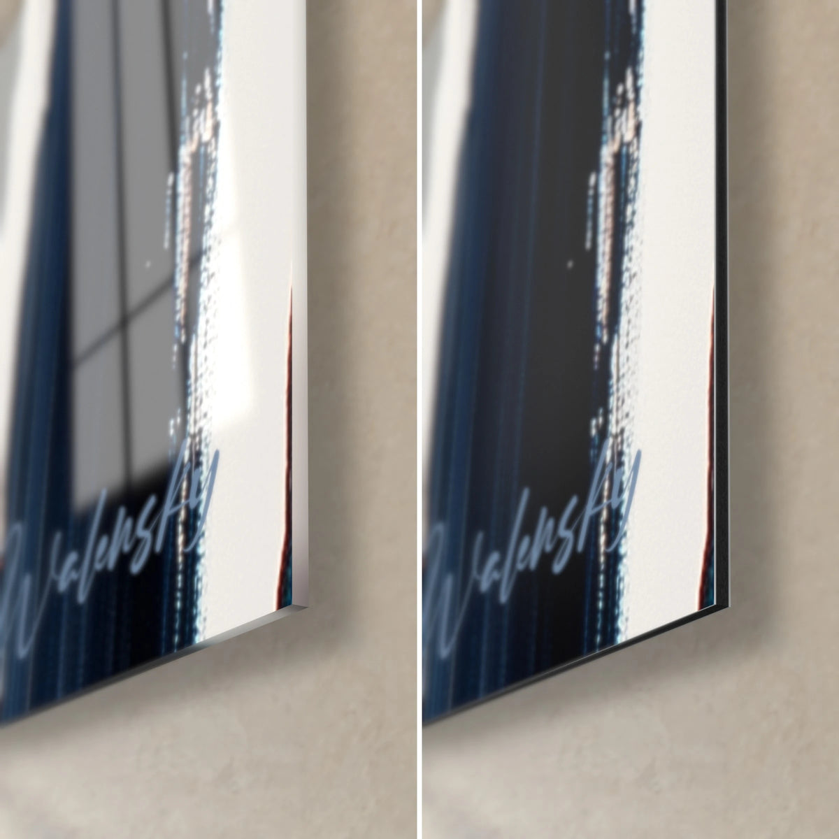 Gemälde mit Streifen in Marine und Elfenbein, untere rechte Ecke: glänzendes Acrylglas links, matte Dibond-Aluminiumplatte rechts, schwarze Kante