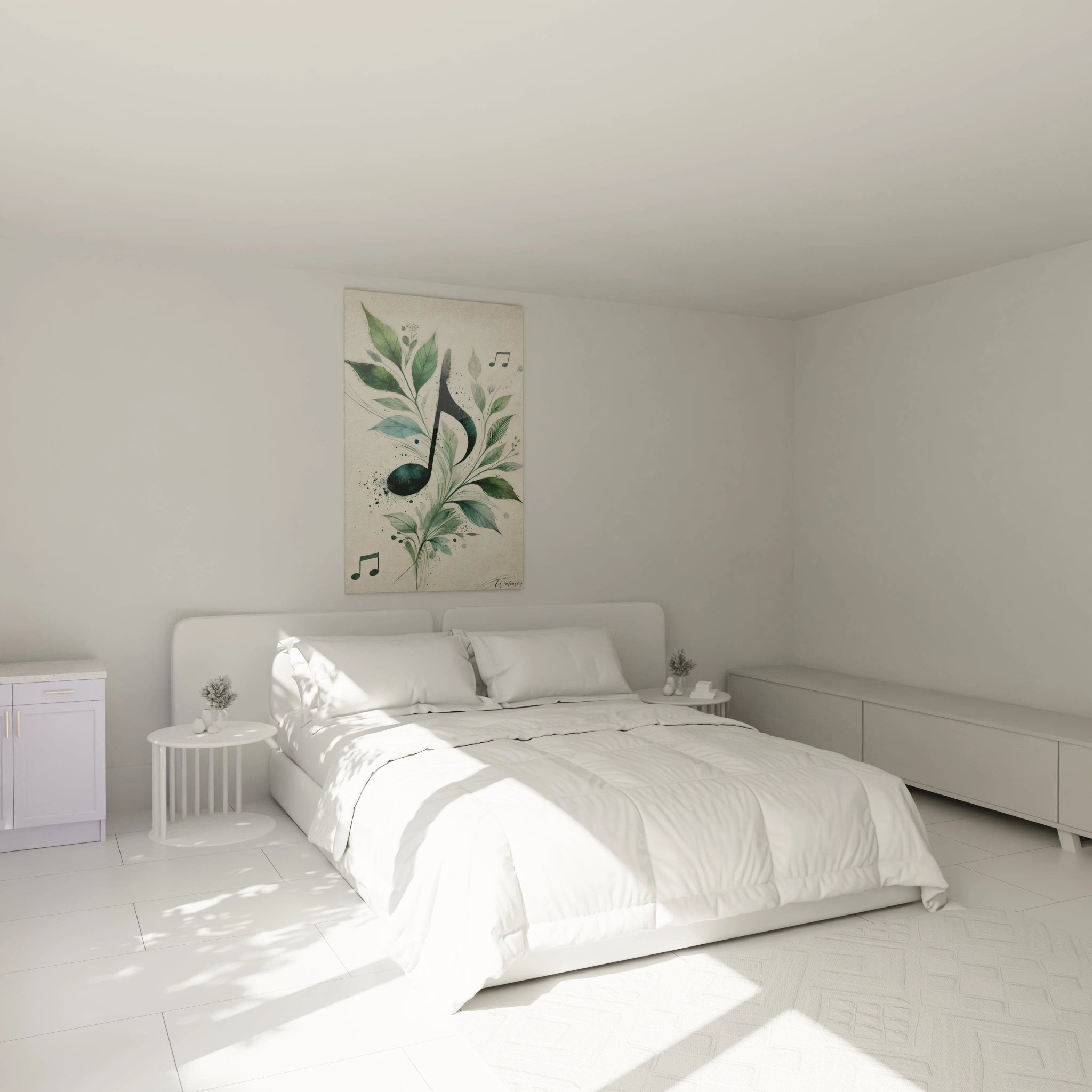 Un tableau musique abstrait installé au-dessus d’un lit, créant une ambiance apaisante dans une chambre moderne.
