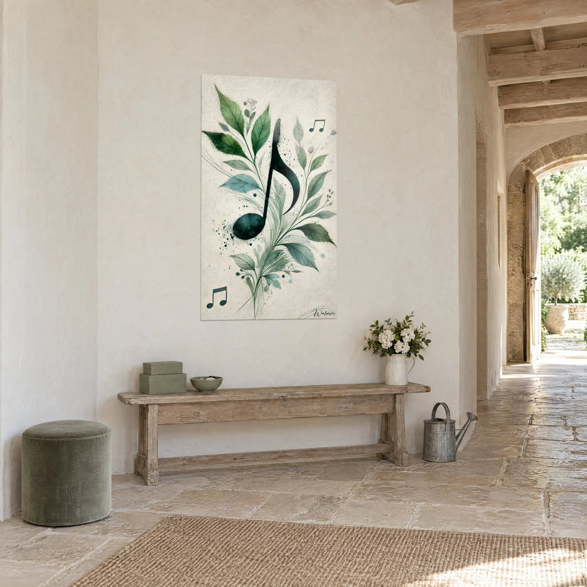 Tableau partition botanique, croche noire parmi des feuilles vert tendre et bleu-gris, dans un couloir en pierre, banc en bois