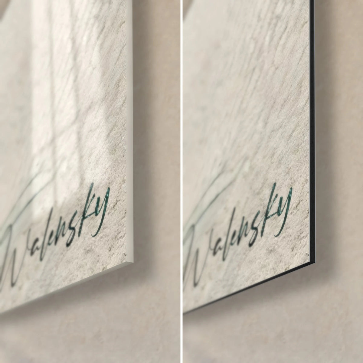 Tableau croche et feuillage vert, signature Walensky bleu-noir, coin bas droit : verre acrylique brillant à gauche, Dibond mat à droite