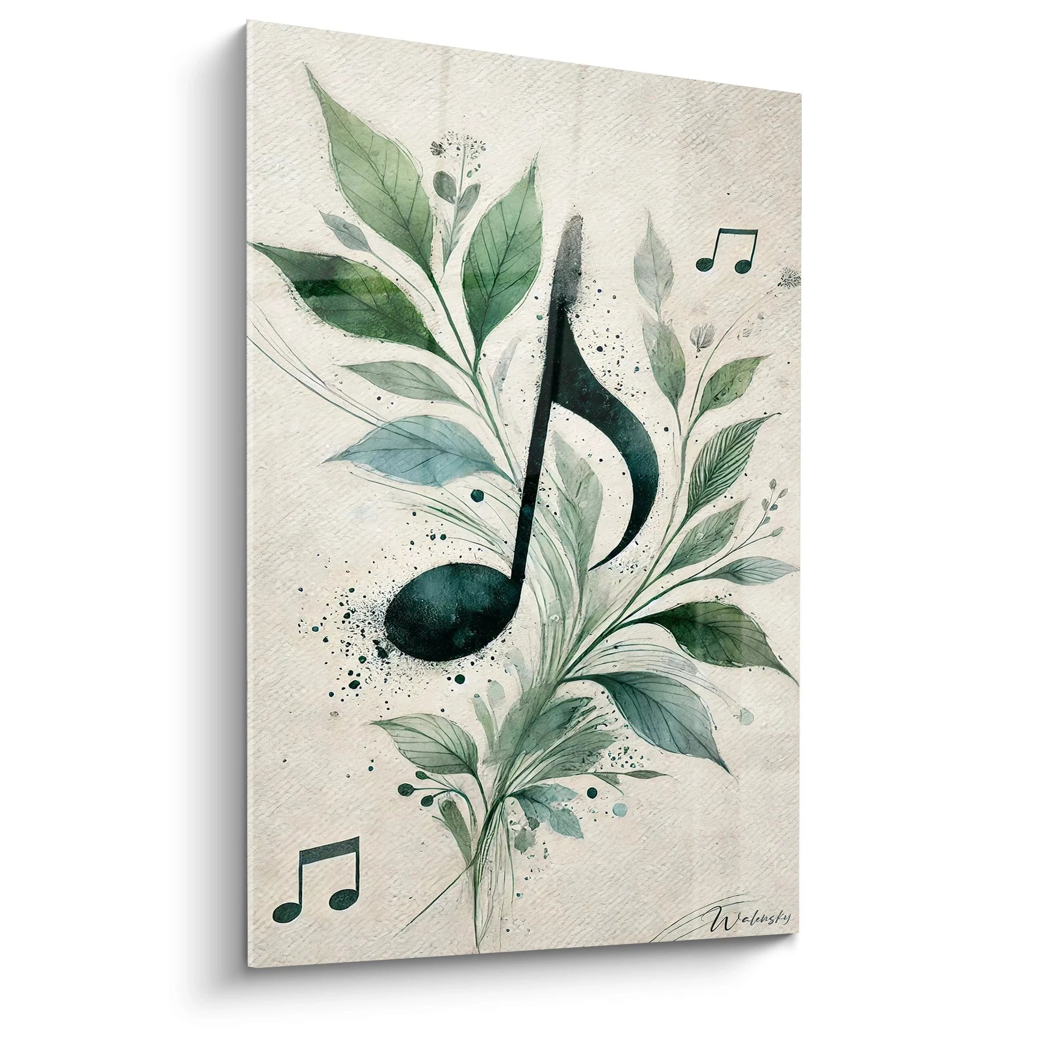 Un tableau musique abstrait représentant des notes et des motifs végétaux, dans des tons vert, noir et beige.
