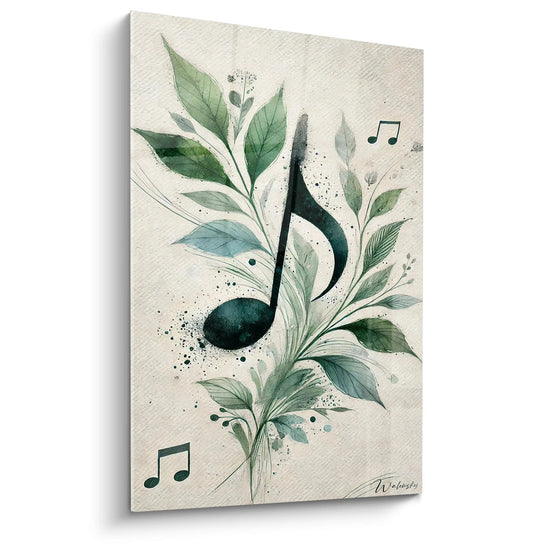 Un tableau musique abstrait représentant des notes et des motifs végétaux, dans des tons vert, noir et beige.

