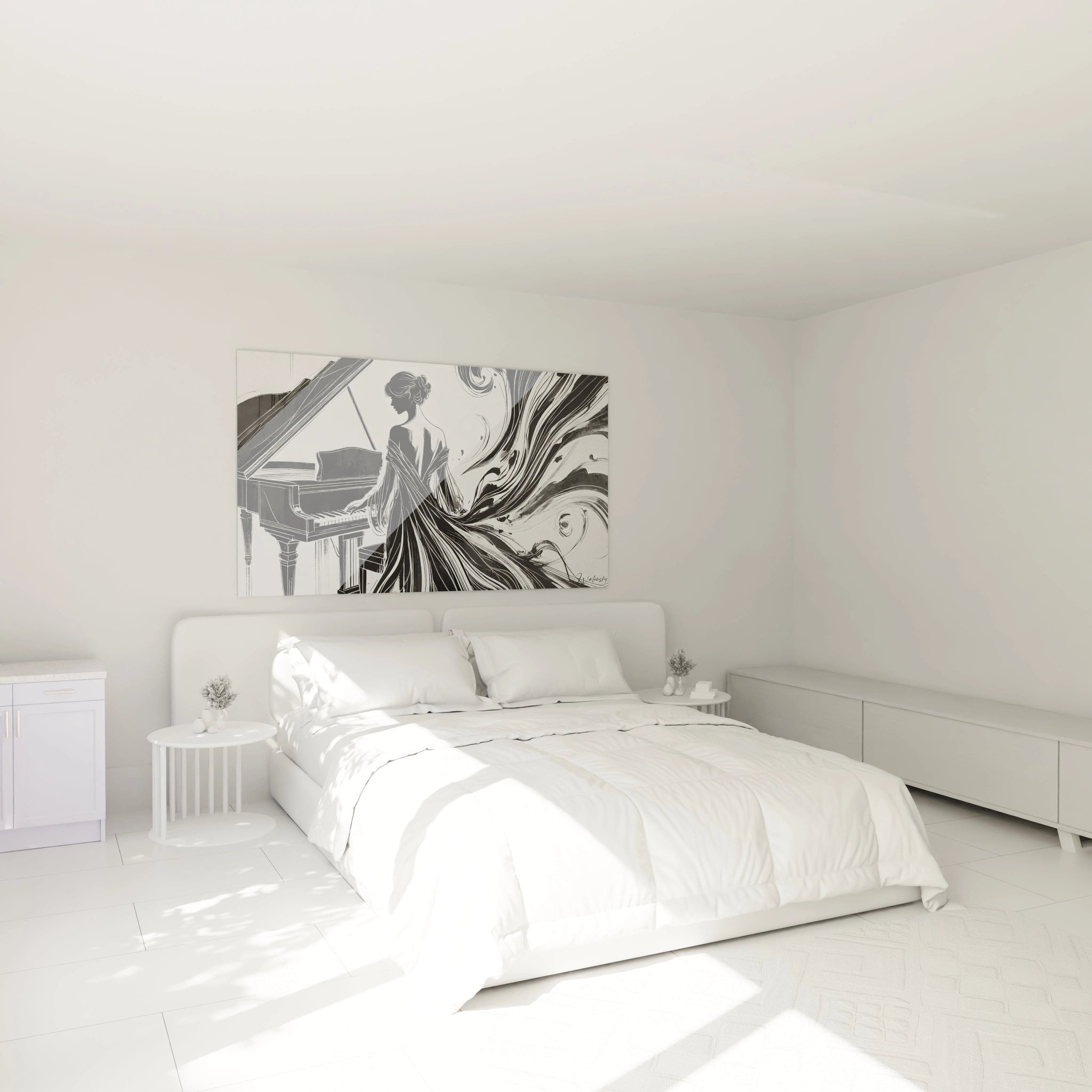 tableau noir et blanc accroché au mur dans une chambre au-dessus du lit silhouette gracieuse d'une pianiste robe fluide noir et gris fond abstrait poétique pour une ambiance apaisante et élégante

