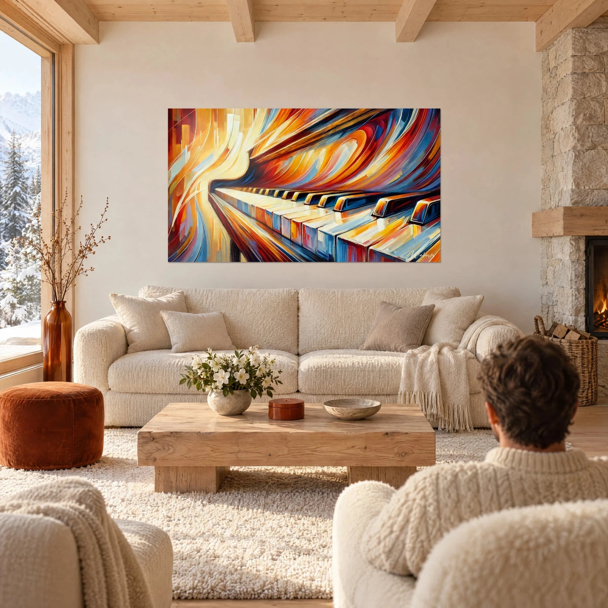 Tableau clavier de piano en fusion, flammes orange et bleu cobalt, personne de dos au-dessus d'un canapé dans un salon lumineux