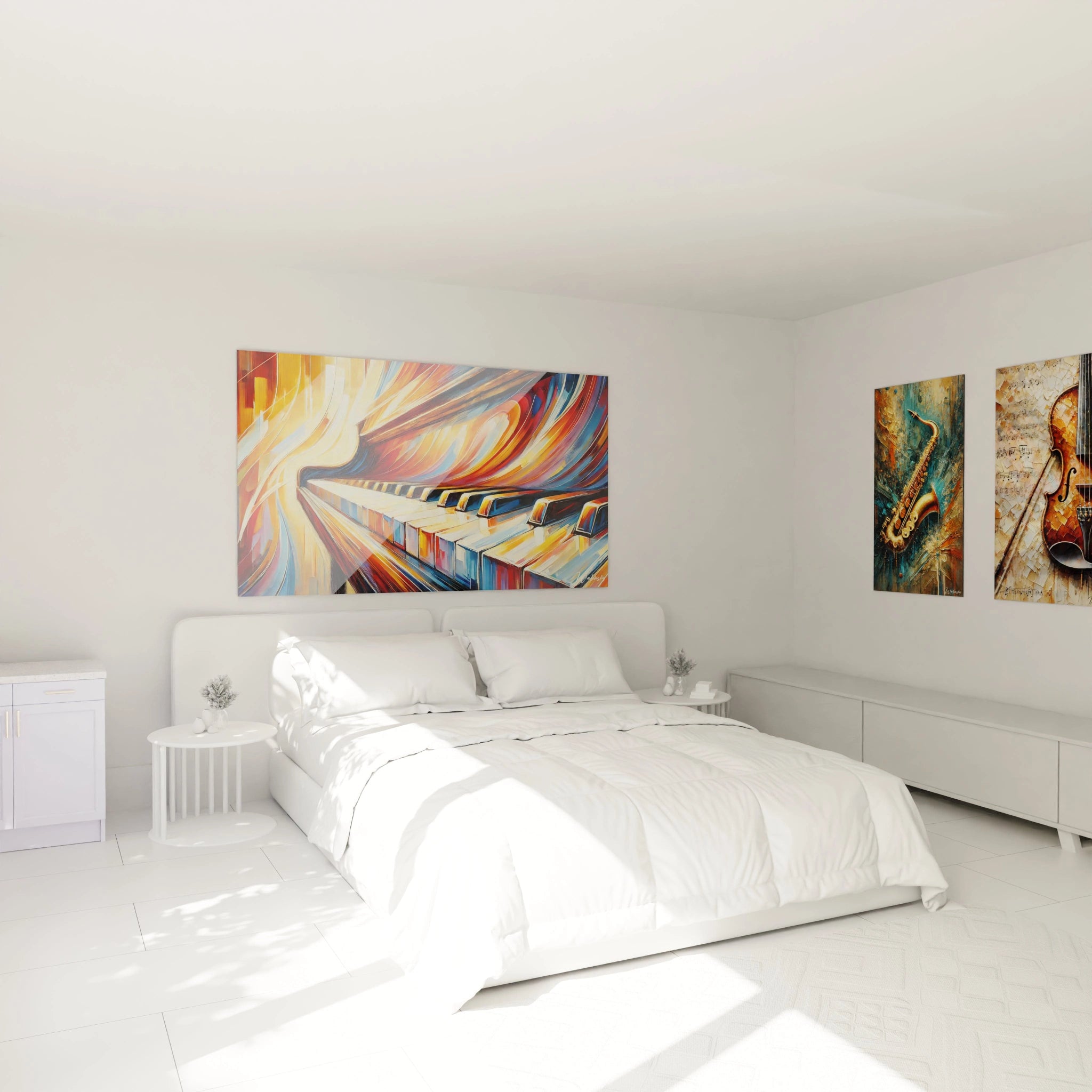 Tableau "Notes en Fusion" accroché dans une chambre, au-dessus d'un lit. Les couleurs intenses et dynamiques créent une ambiance chaleureuse et énergique, idéal pour transformer l'espace en havre musical.

