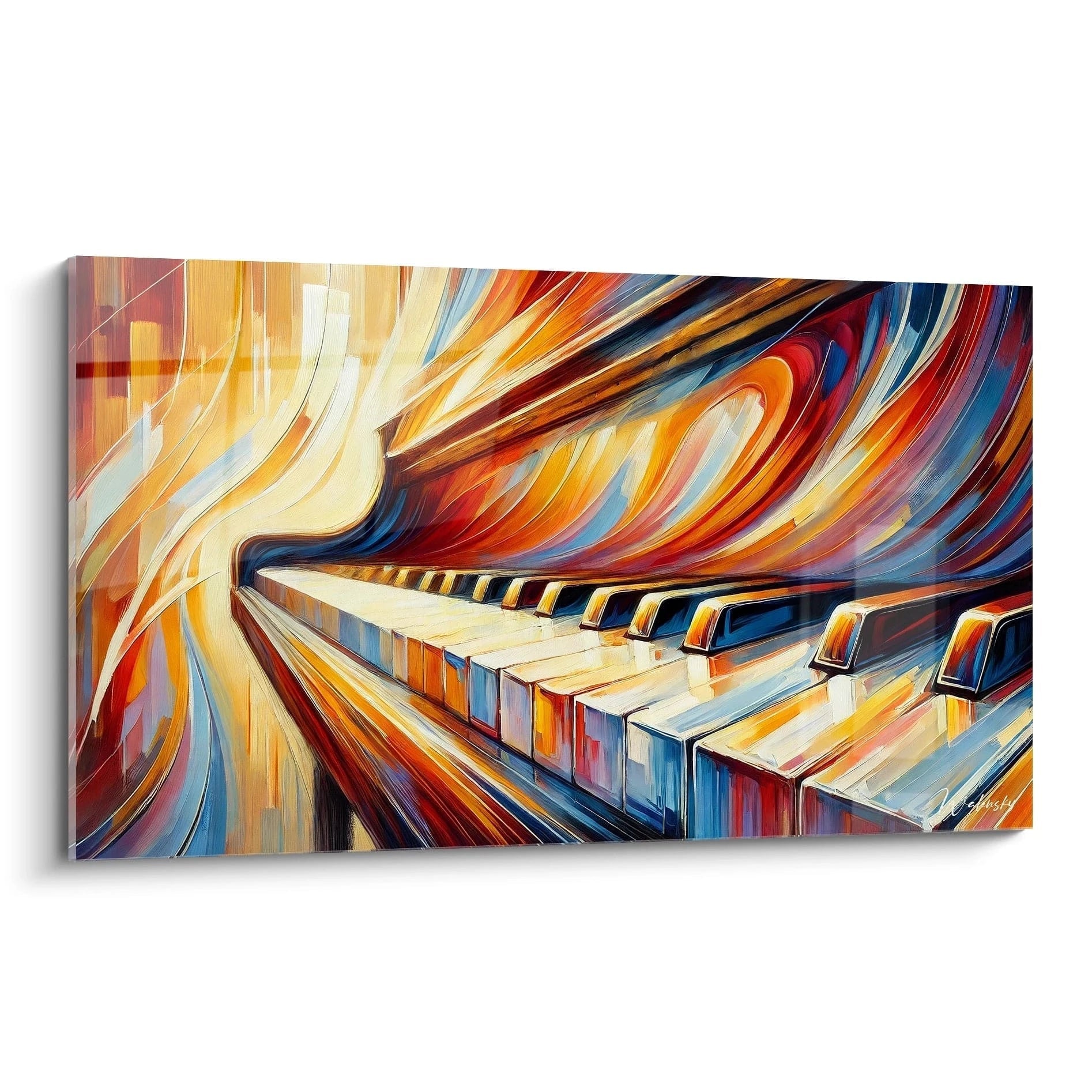 Présentation en biais du tableau "Notes en Fusion" : un piano abstrait vibrant aux teintes chaudes d'orange, rouge et bleu. Coups de pinceau expressifs, effets de lumière évoquant un mouvement musical fluide.