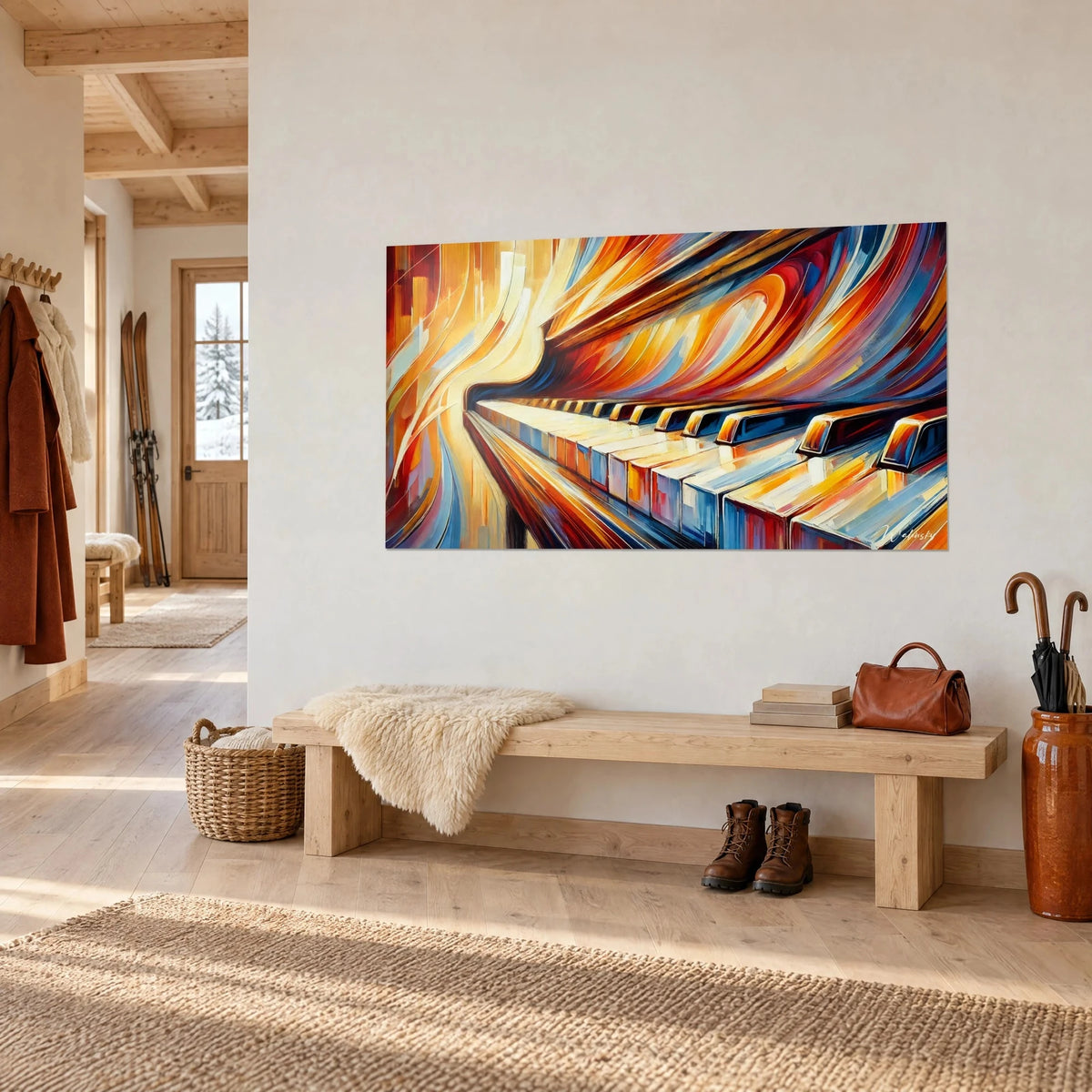 Tableau touches ivoire de piano en perspective, orange vif et bleu nuit, vue de trois-quarts sur un mur d'entrée de chalet