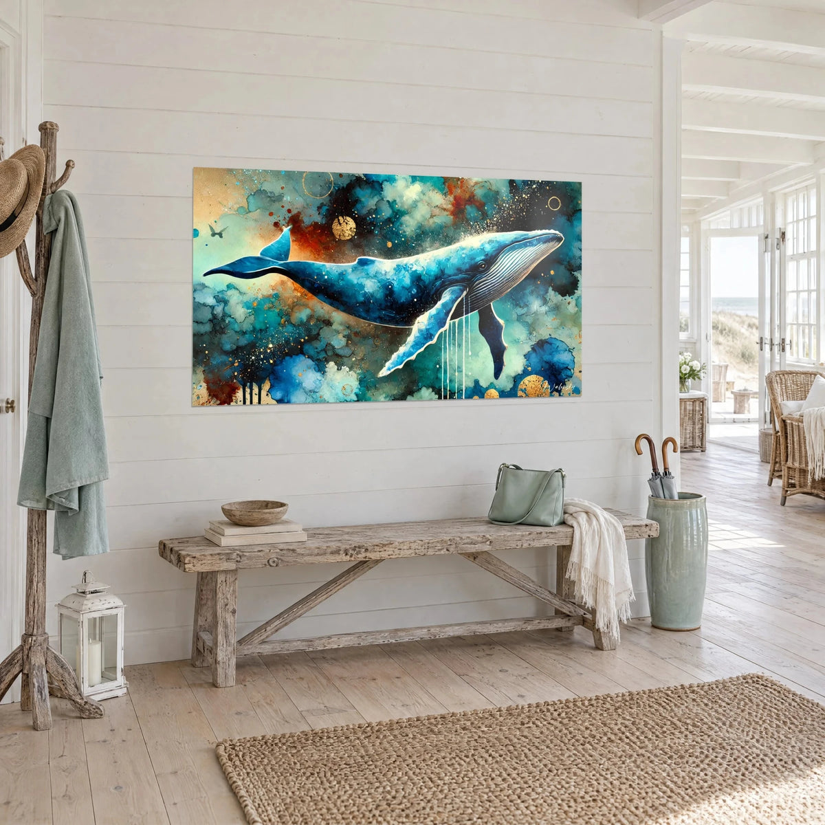 Wall art humpback whale with striped baleen, gold splashes on sea green and orange, white paneled wall