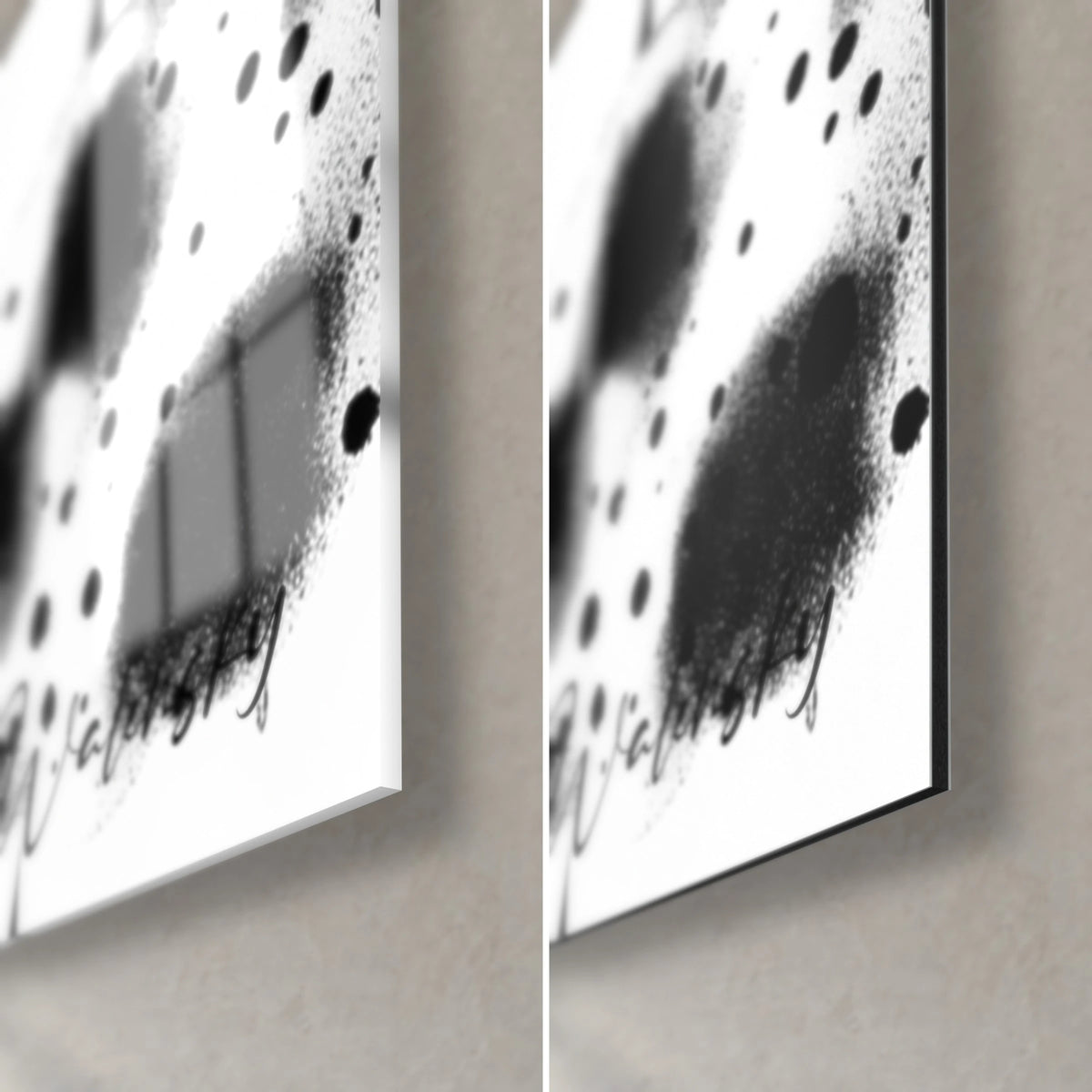 Cuadro de cúmulos lluviosos moteados, detalle inferior derecho: cristal acrílico brillante a la izquierda, aluminio Dibond negro y blanco mate a la derecha