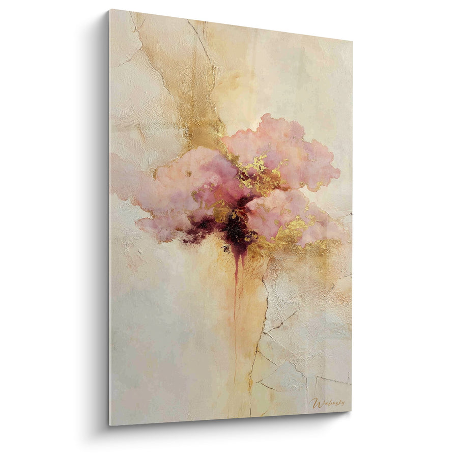 Tableau explosion de couleurs roses et dorées sur fond beige texturé - Nuage Précieux - Edition Feng shui Sud-Ouest Terre