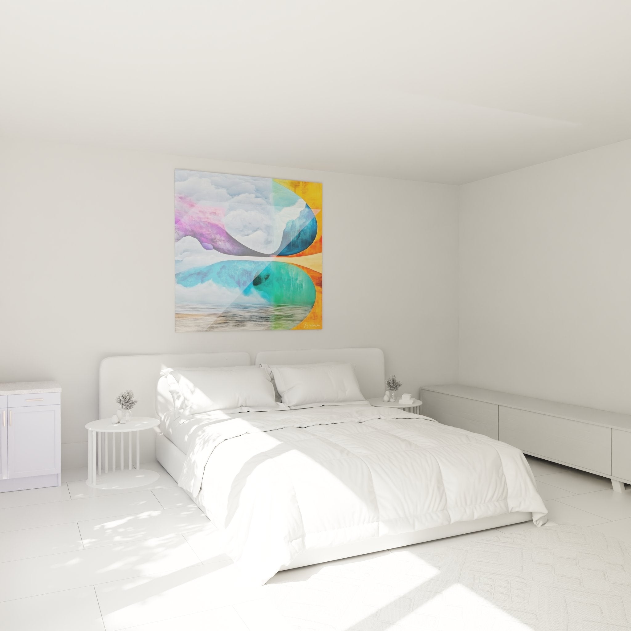 Tableau nuages abstraits multicolores installé dans chambre moderne pour ambiance décorative apaisante
