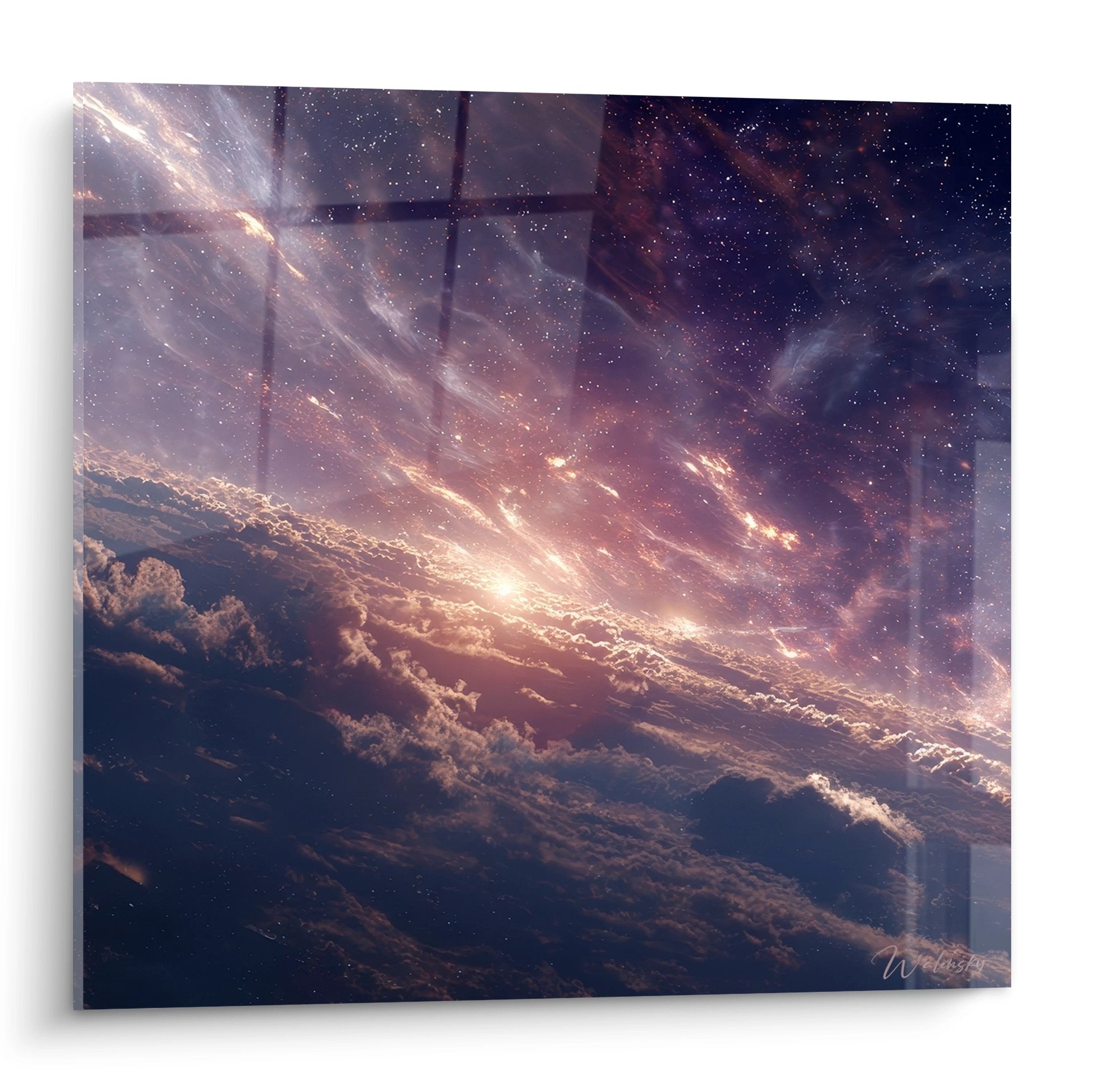 Tableau mural nuages cosmiques dorés avec ciel étoilé violet et formations nuageuses atmosphériques