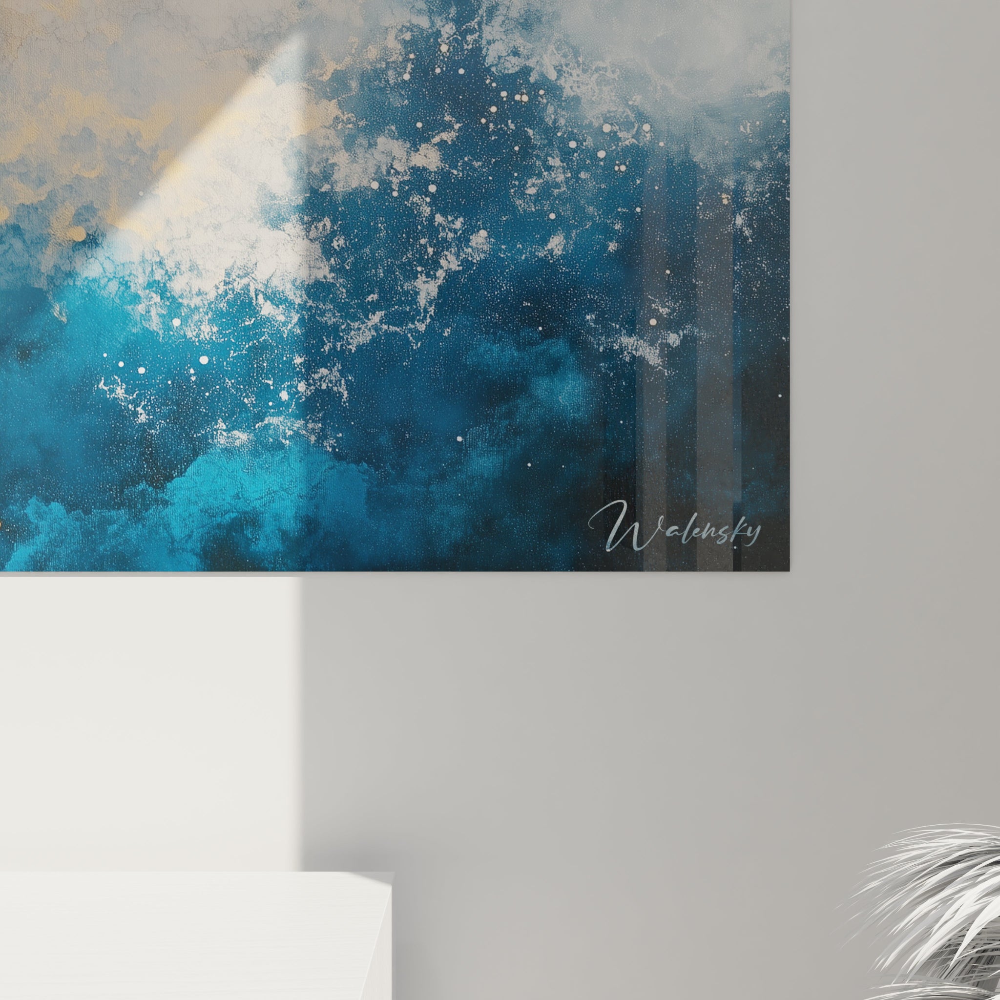 Tableau expressionniste abstrait avec des nuances de bleu et d'or par Walensky