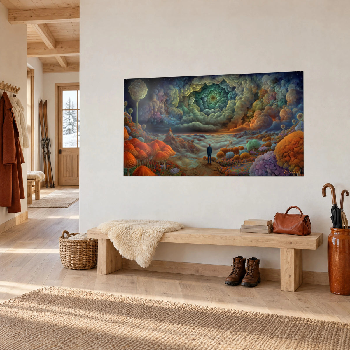 Tableau homme en veste bleue face à une mer de brume, champignons orange, vue de trois-quarts sur un mur blanc de chalet