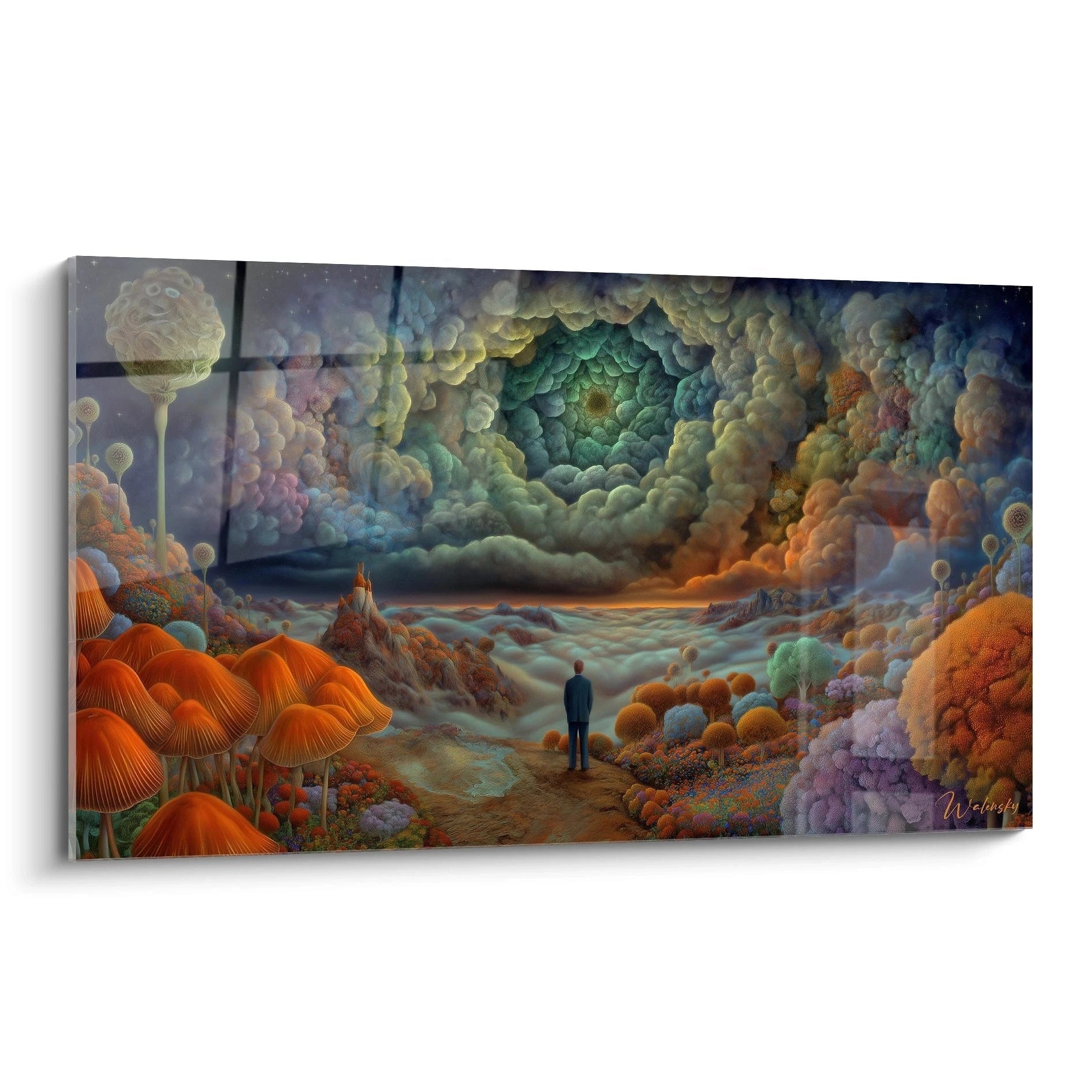 tableau surréaliste murale Walensky montrant un paysage onirique coloré avec champignons orange et vortex de nuages