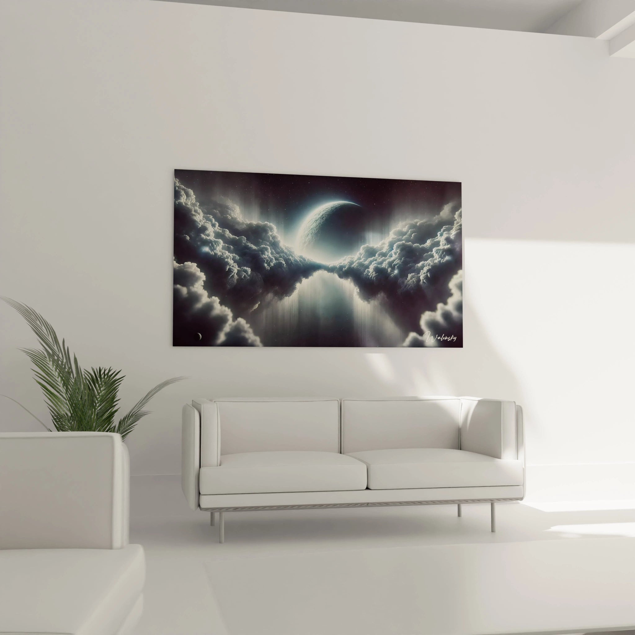 Élevez votre décoration avec ce tableau espace. Au-dessus du canapé, les teintes marines et argentées fusionnent dans une vision mystique, ajoutant profondeur et charme à votre intérieur.

