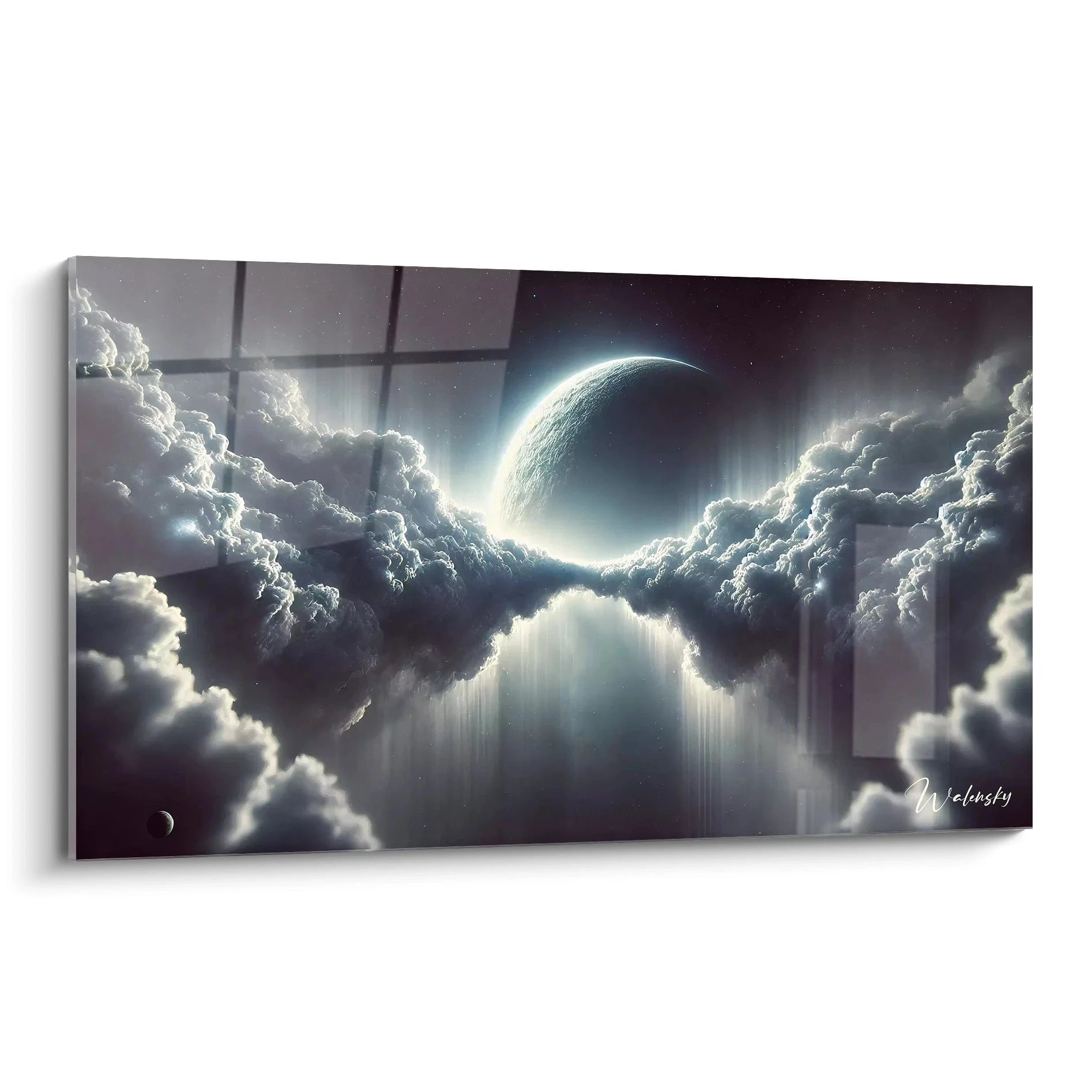 Découvrez les nuances profondes de bleu marine et d'argent. Ce tableau espace capte la lumière et dévoile des nuages éthérés autour d'une lune mystique, une invitation à l'évasion cosmique.

