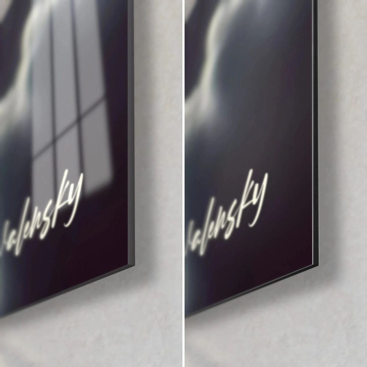 Wall art crescent moon and deep black clouds, bottom right corner: glossy glass with reflections, matte Dibond, 3 mm edge