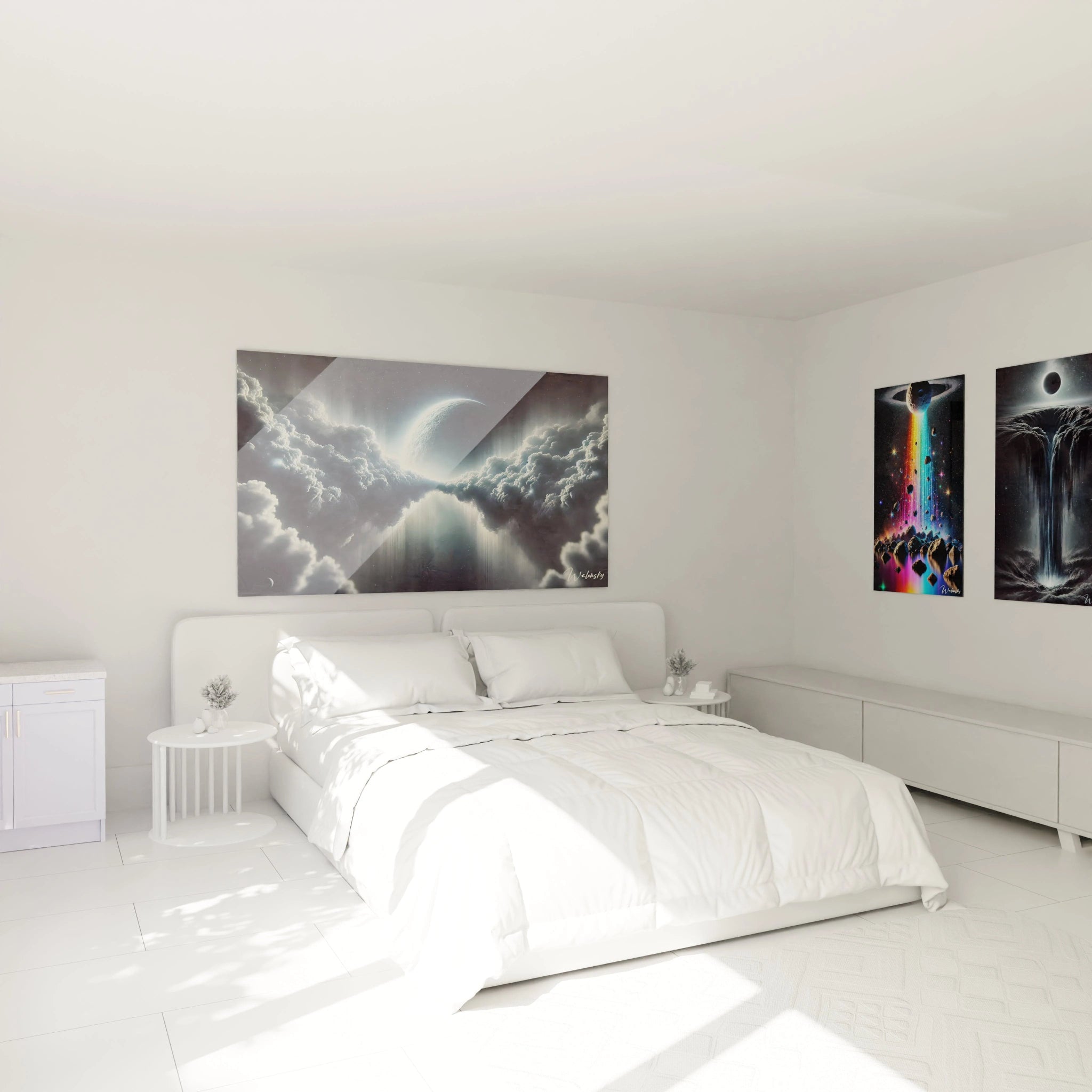 Transformez votre chambre en un sanctuaire de calme avec ce tableau espace. La lune majestueuse et les nuages lumineux apportent une sérénité propice aux rêves et à la contemplation.

