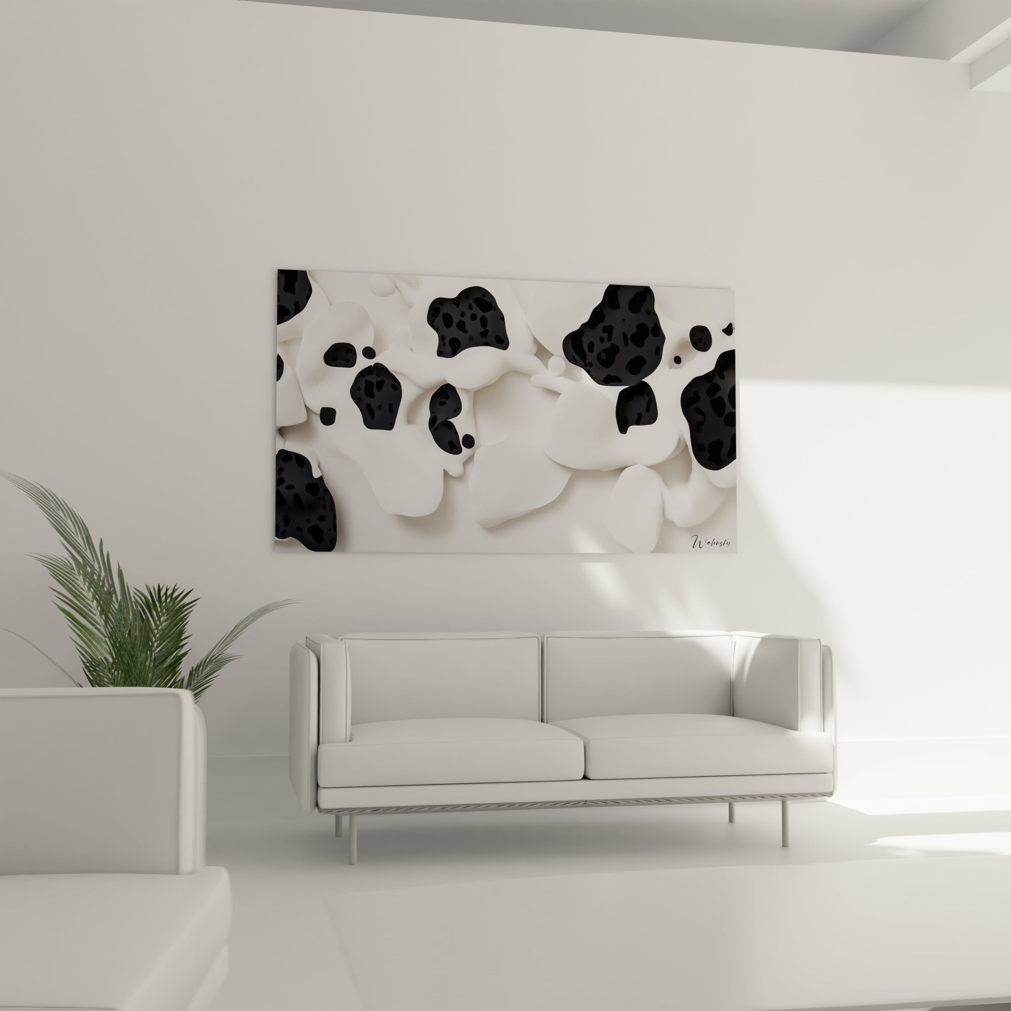 Tableau tacheté noir et blanc de Walensky, décor moderne pour un salon contemporain