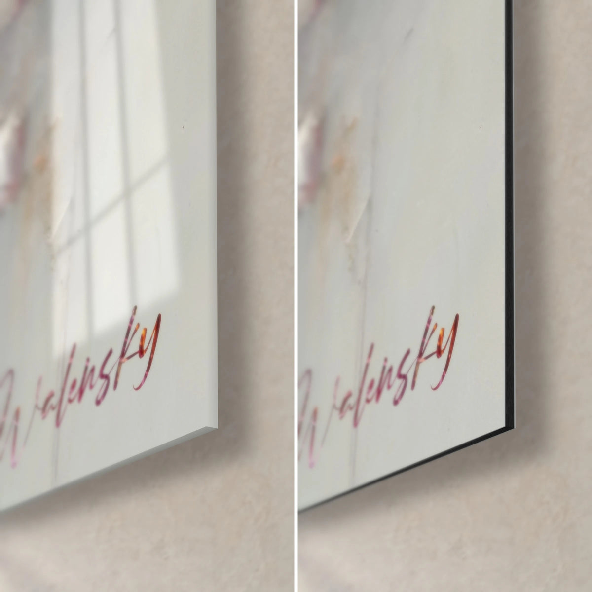 Gemälde mit weißer und rosafarbener Orchidee, untere rechte Ecke: glänzendes Acrylglas mit Reflexen links, matres Dibond-Aluminium rechts