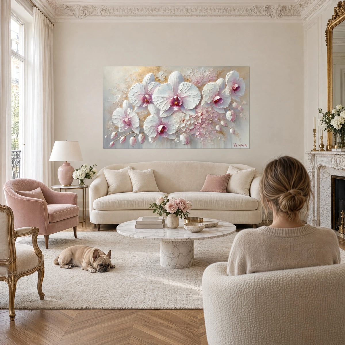 Gemälde großer weißer Orchideen mit magentafarbenen Herzen auf goldenem Grund, über einem Sofa in einem hellen Wohnzimmer