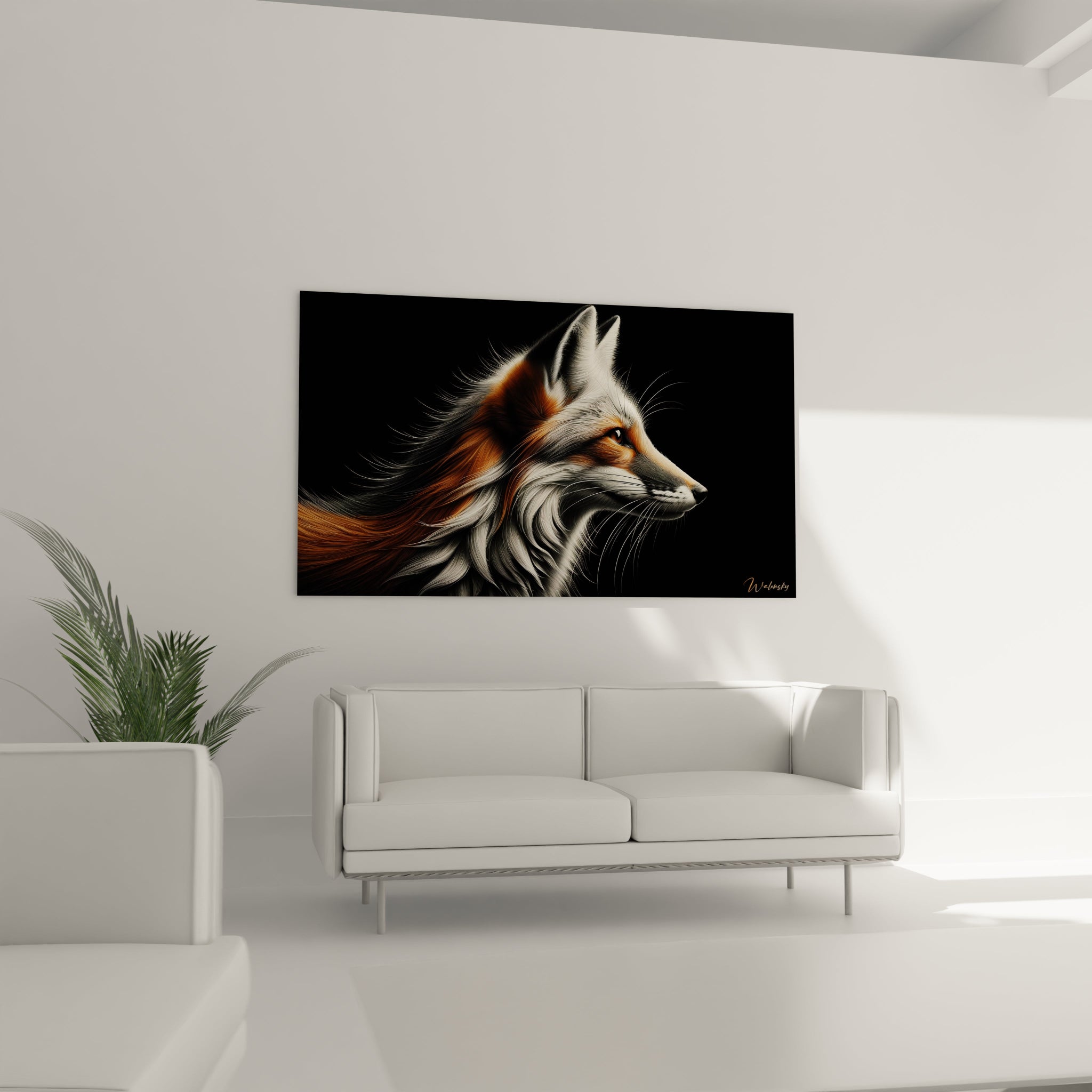 Un tableau d'animal montrant un renard en vue latérale au pelage richement texturé. Les poils blancs, roux et noirs sont rendus avec un grand réalisme, chaque mèche semblant captée dans un léger mouvement. Le contraste entre les différentes couleurs du pelage met en valeur l'anatomie de l'animal sur fond noir profond.
