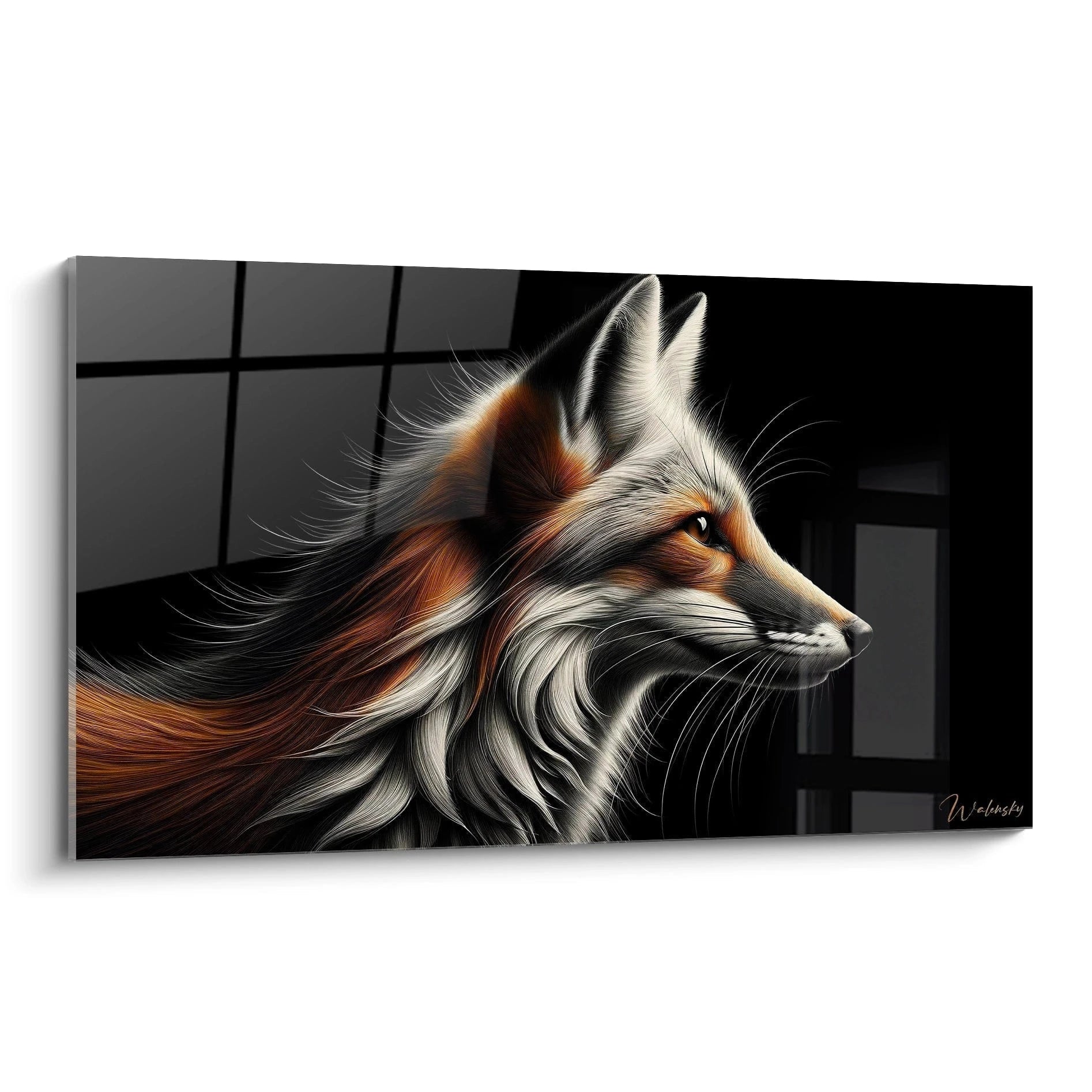 Un tableau d'animal représentant un renard de profil sur fond noir. La texture détaillée du pelage mêle des tons roux, blancs et noirs rendus avec précision. Chaque poil semble individuellement dessiné, créant un effet soyeux et réaliste, particulièrement visible dans la crinière abondante et les longues vibrisses.
